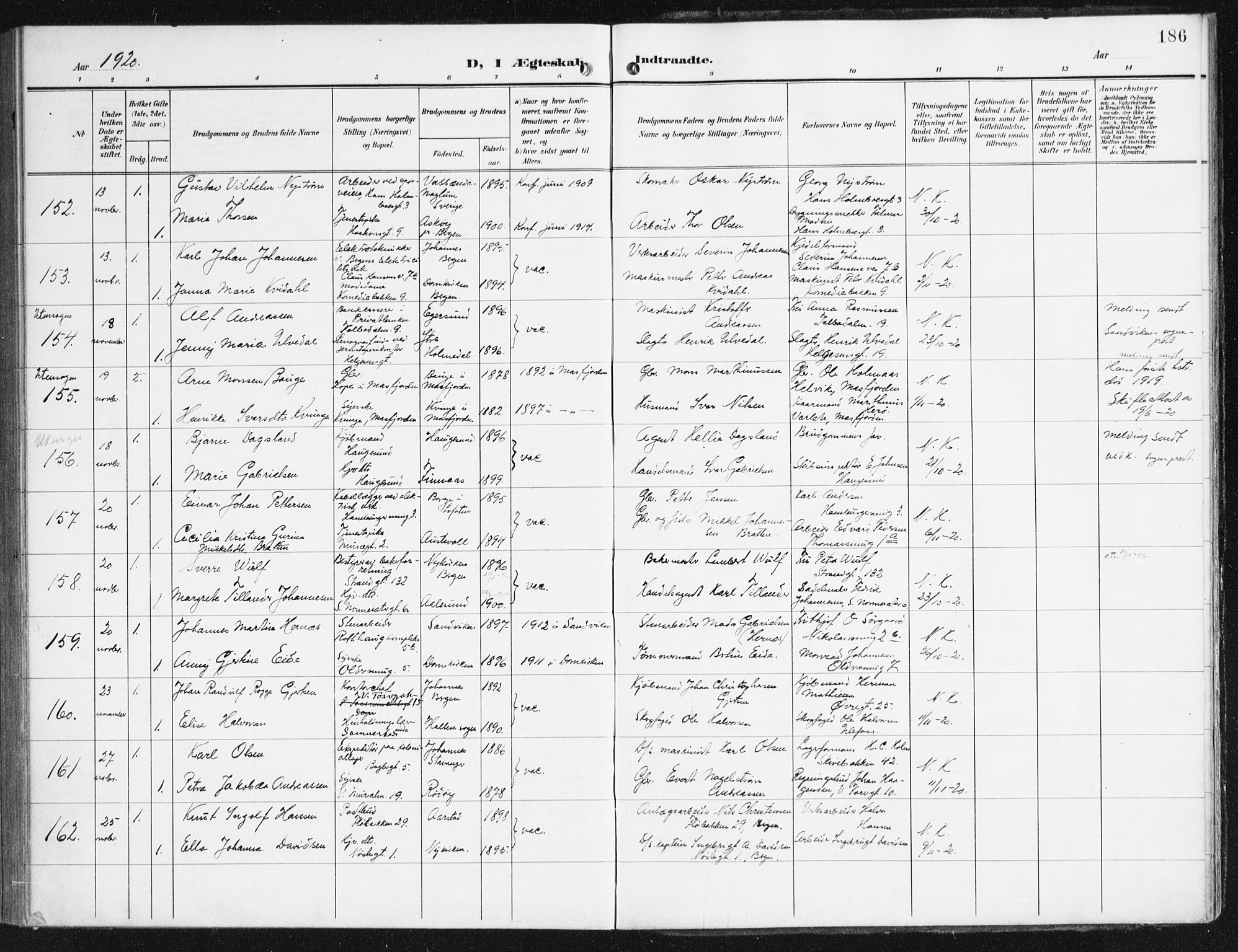 Domkirken sokneprestembete, AV/SAB-A-74801/H/Haa/L0038: Parish register (official) no. D 5, 1906-1921, p. 186