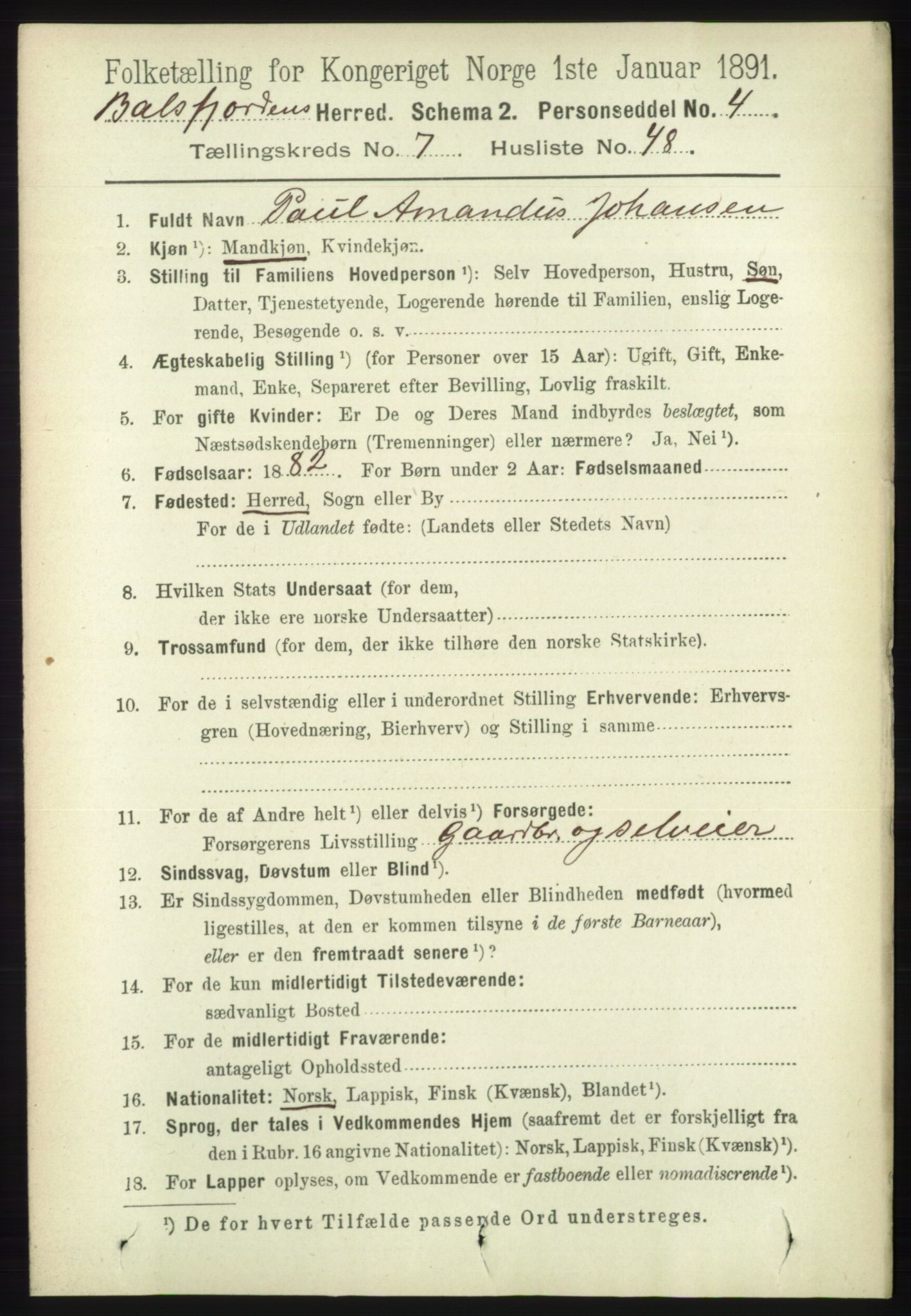 RA, 1891 census for 1933 Balsfjord, 1891, p. 2355