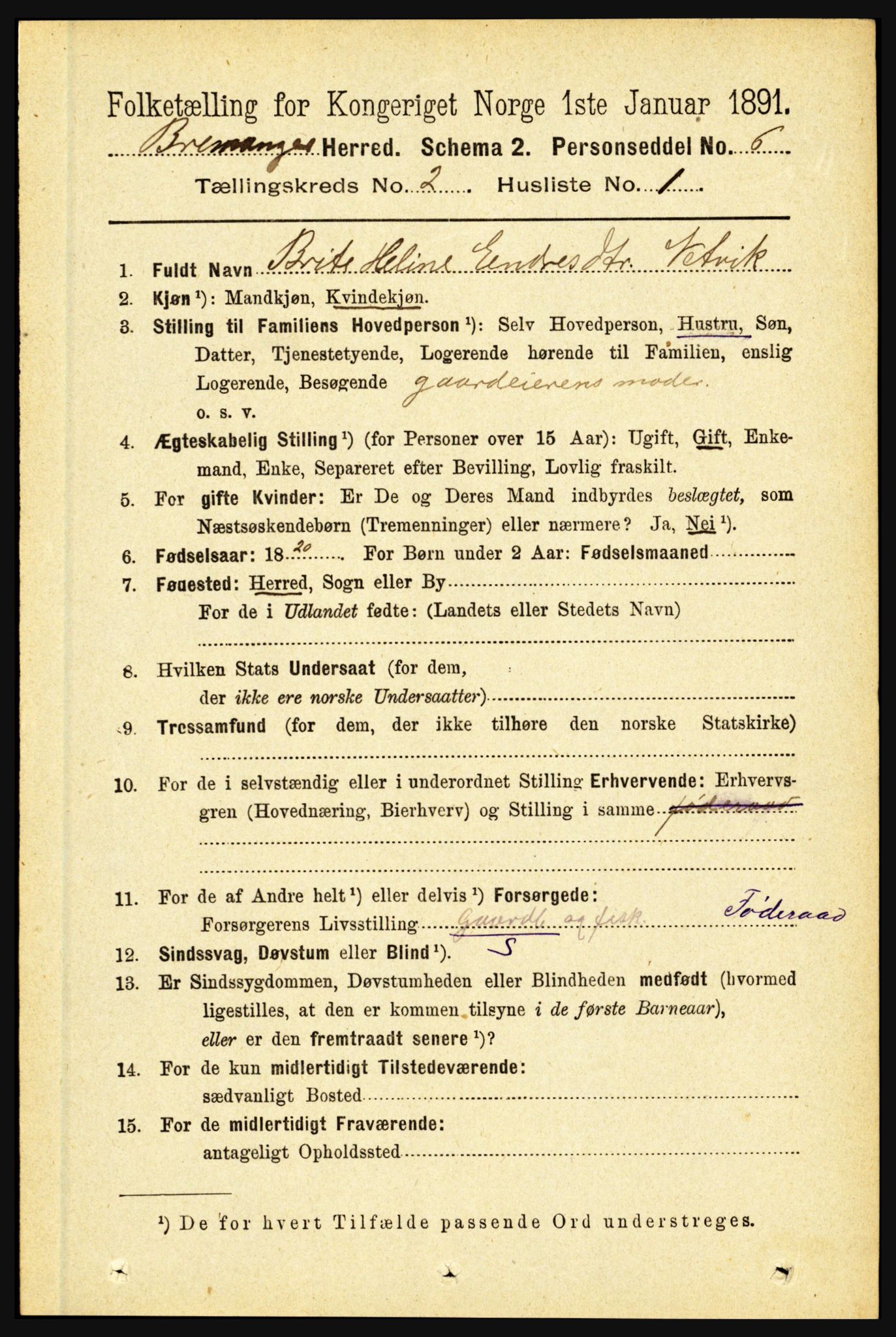 RA, 1891 census for 1438 Bremanger, 1891, p. 657