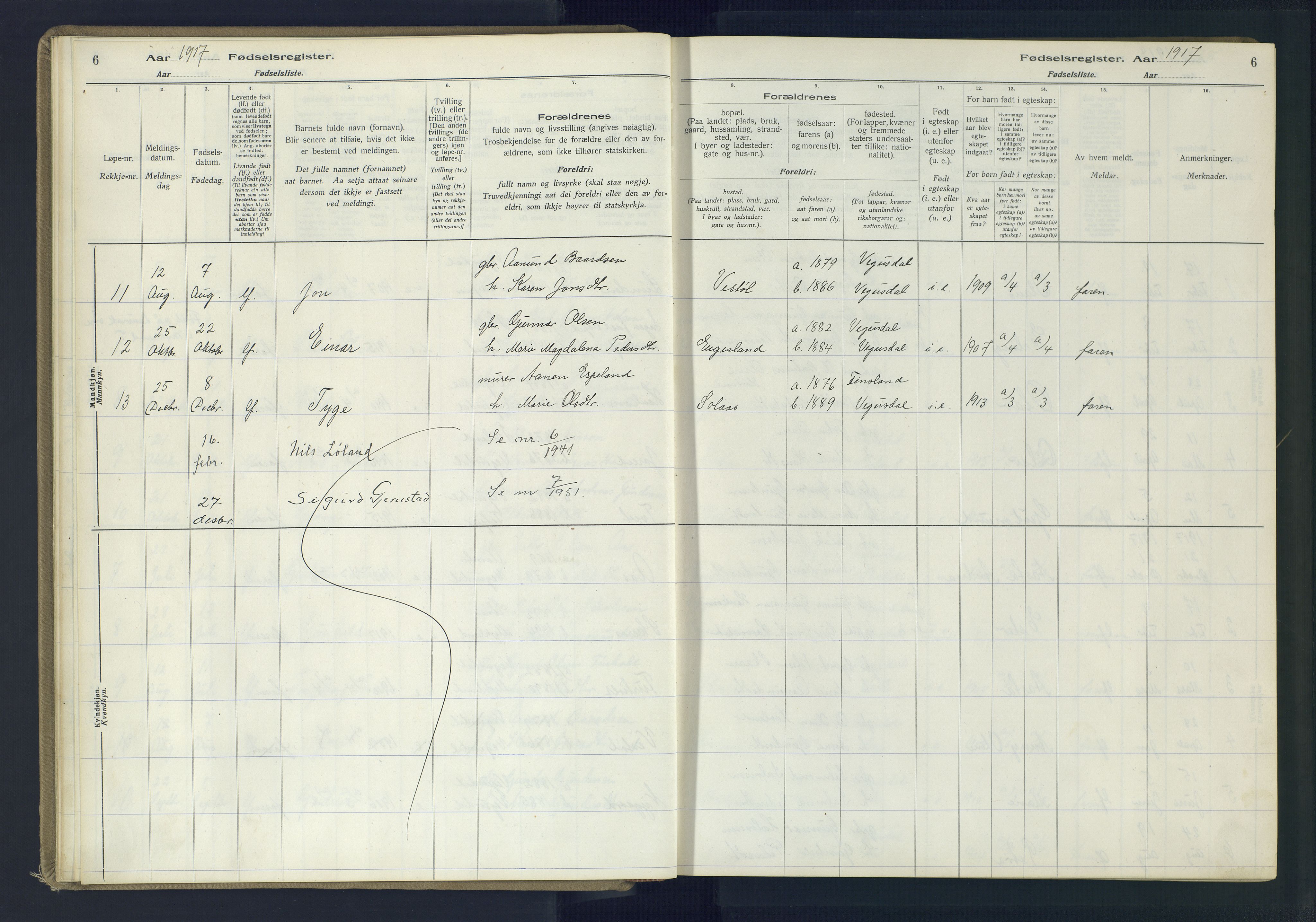 Herefoss sokneprestkontor, AV/SAK-1111-0019/J/Ja/L0002: Birth register no. II.6.11, 1916-1982, p. 6