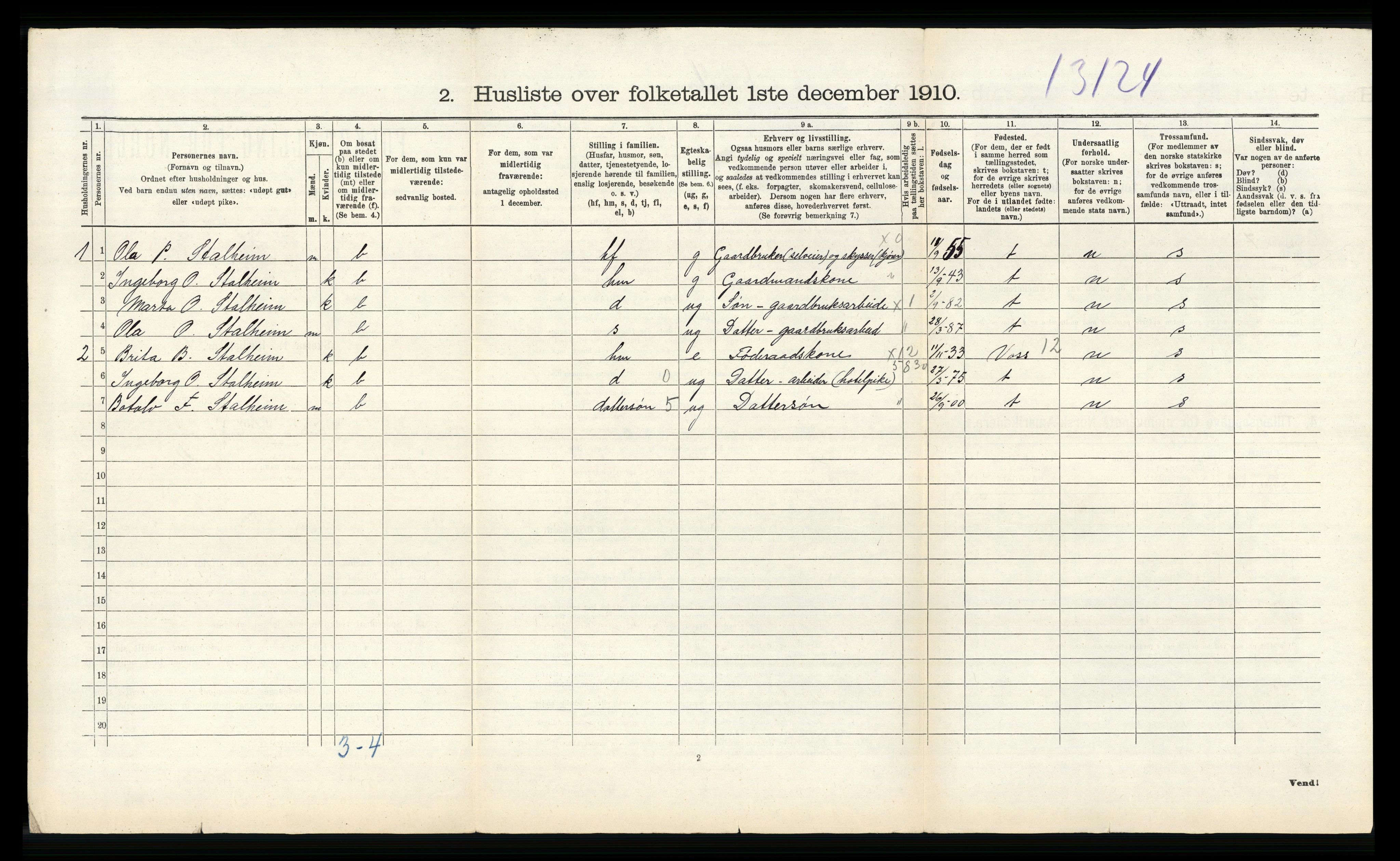 RA, 1910 census for Vossestrand, 1910, p. 632