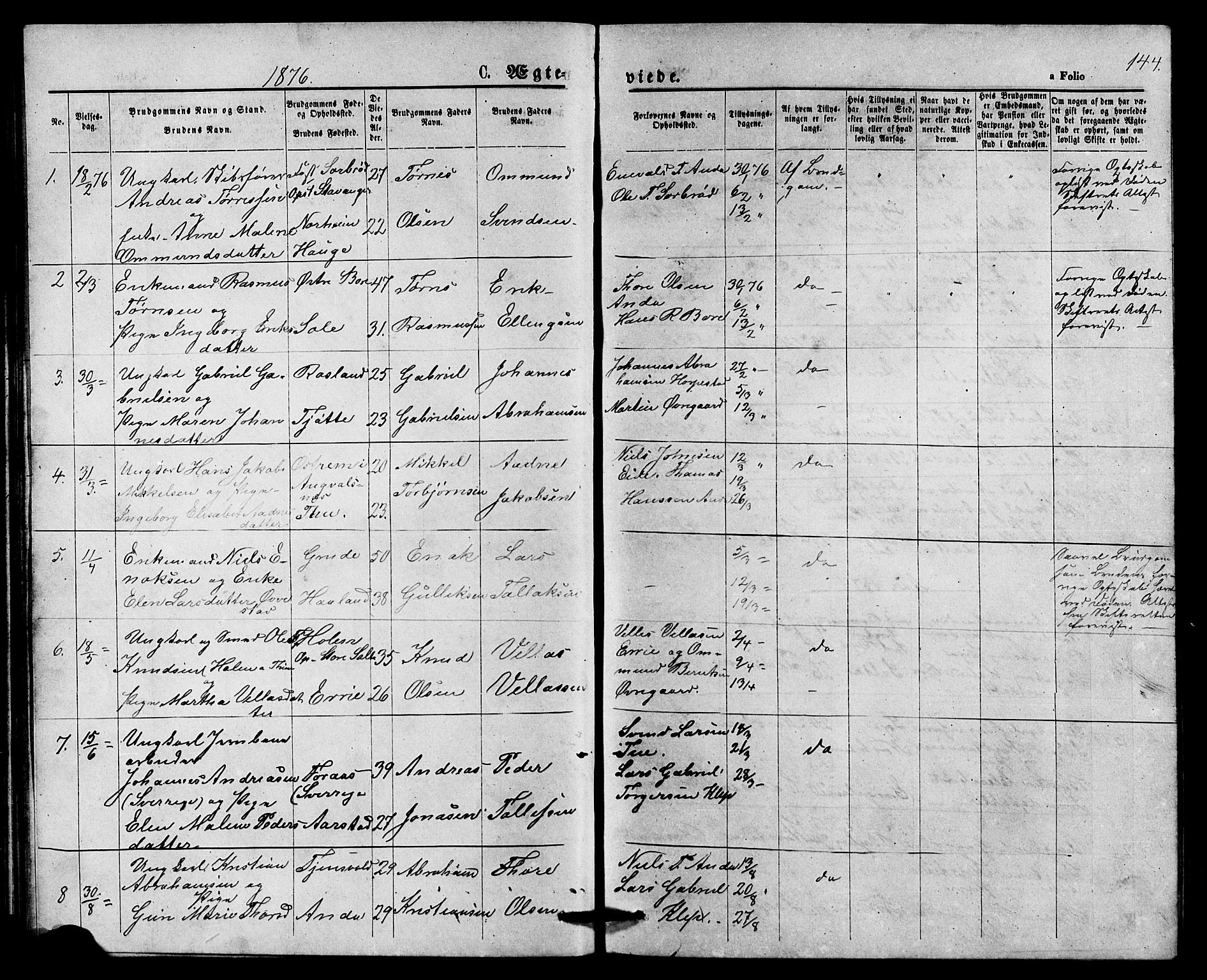 Klepp sokneprestkontor, SAST/A-101803/001/3/30BB/L0003: Parish register (copy) no. B 3, 1876-1888, p. 144