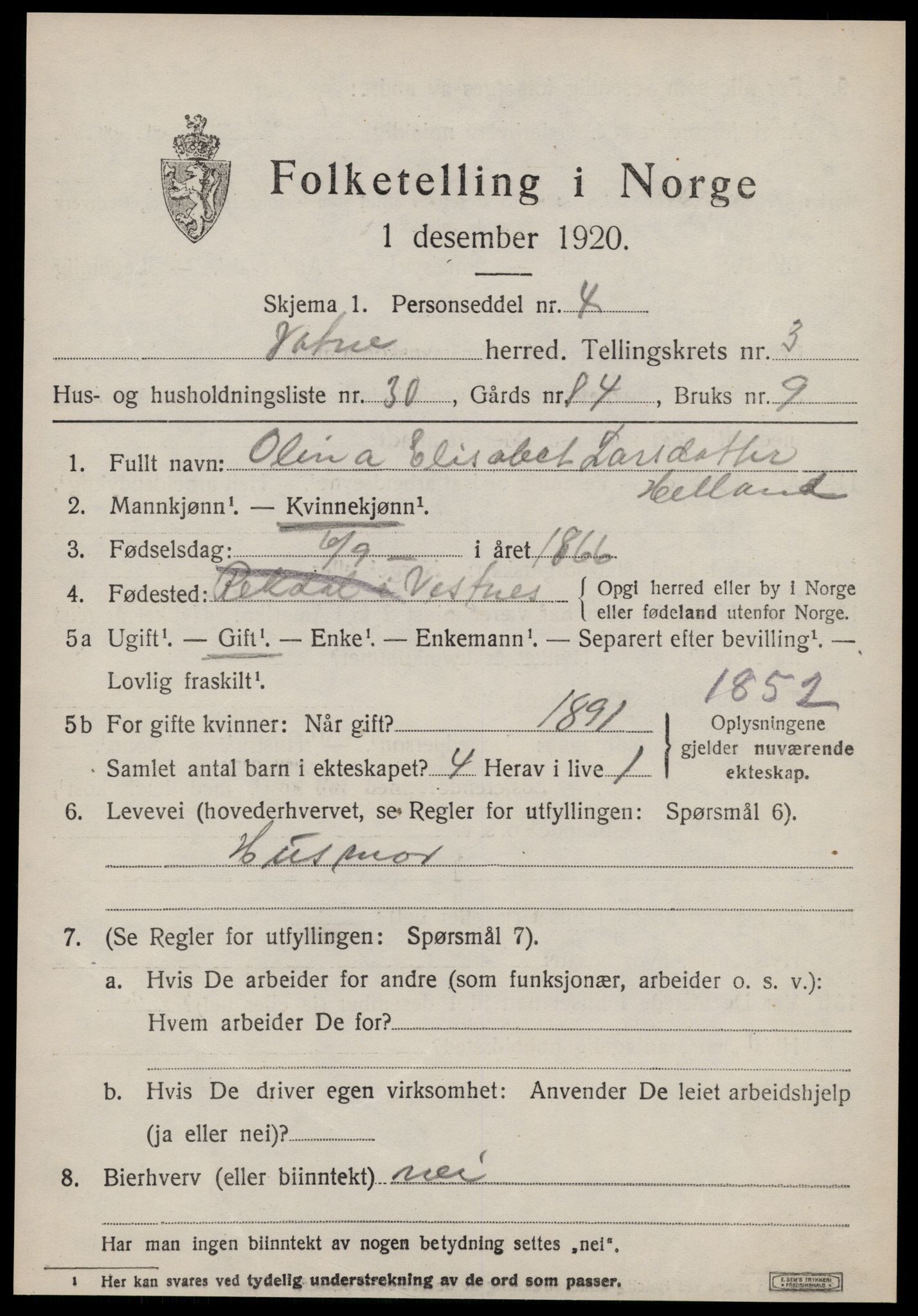 SAT, 1920 census for Vatne, 1920, p. 1766