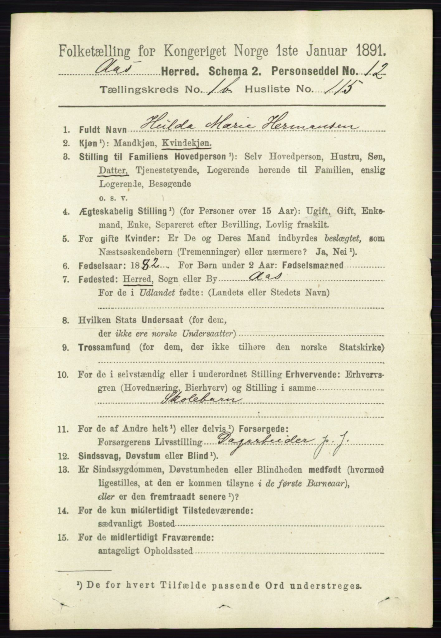 RA, 1891 census for 0214 Ås, 1891, p. 1491