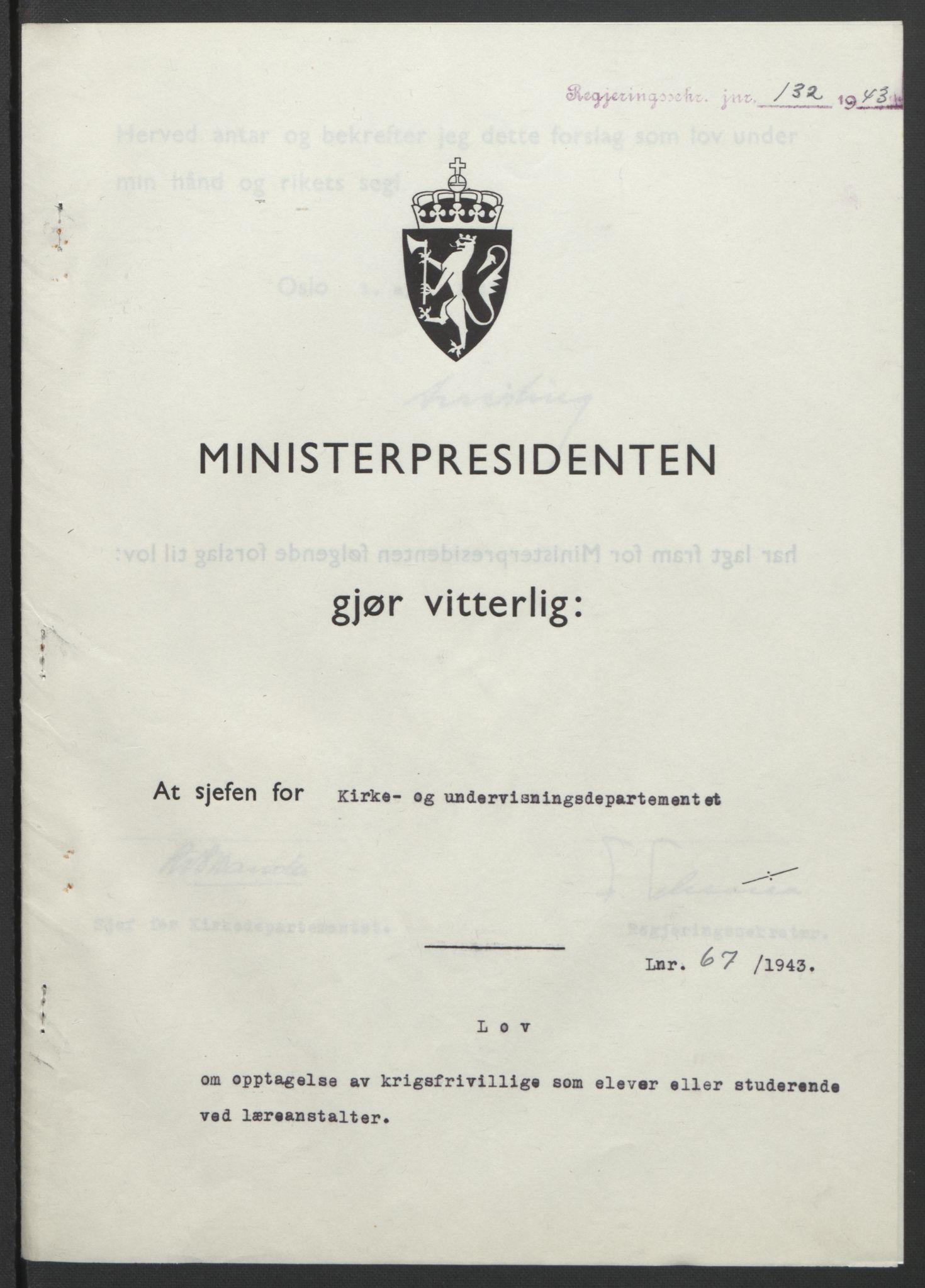 NS-administrasjonen 1940-1945 (Statsrådsekretariatet, de kommisariske statsråder mm), AV/RA-S-4279/D/Db/L0099: Lover, 1943, p. 308