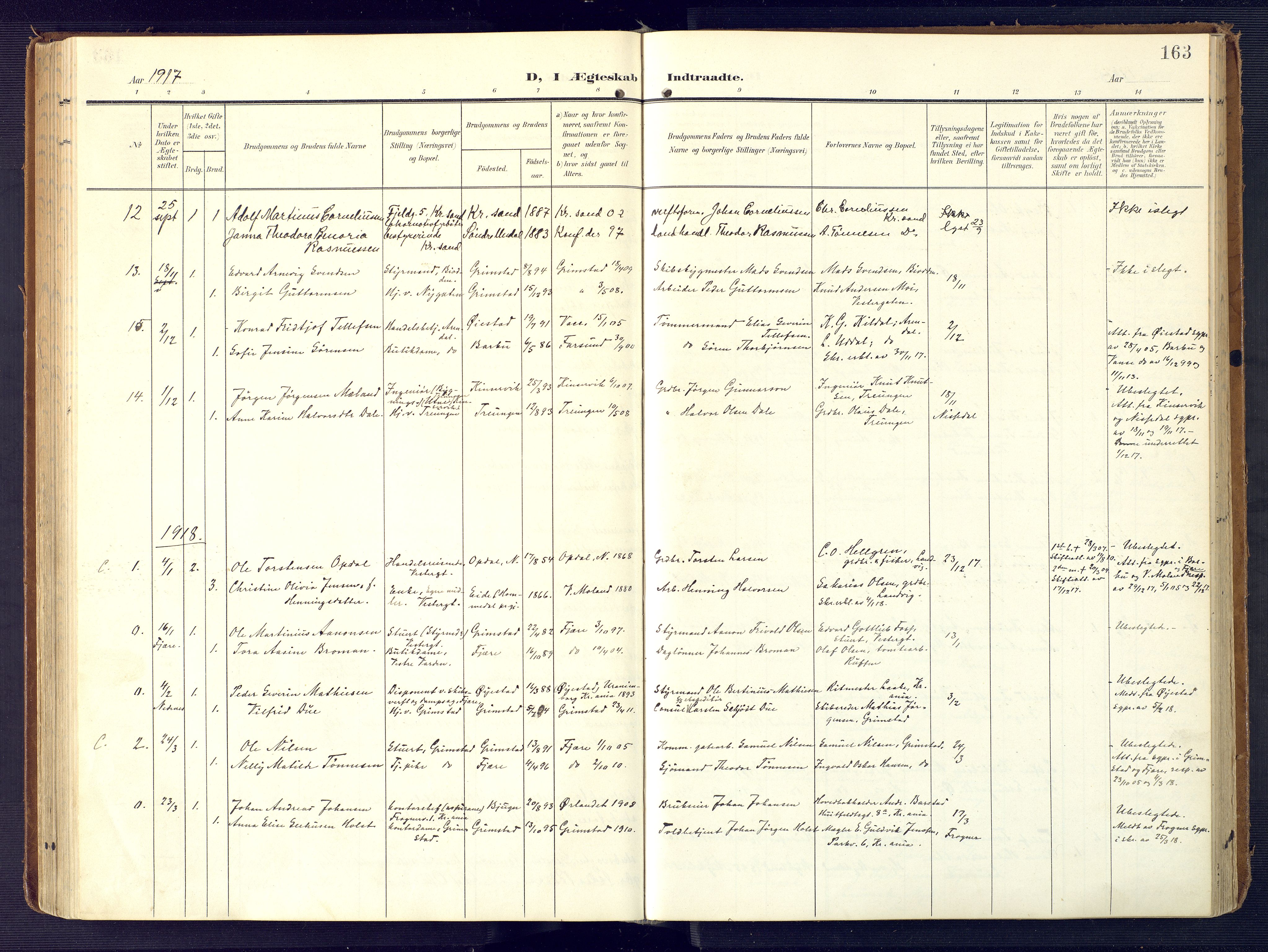 Grimstad sokneprestkontor, AV/SAK-1111-0017/F/Fa/L0005: Parish register (official) no. A 4, 1911-1924, p. 163