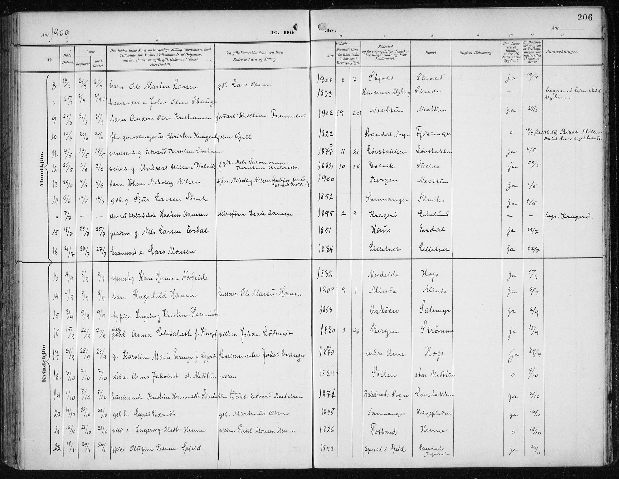 Fana Sokneprestembete, SAB/A-75101/H/Haa/Haai/L0003: Parish register (official) no. I 3, 1900-1912, p. 206