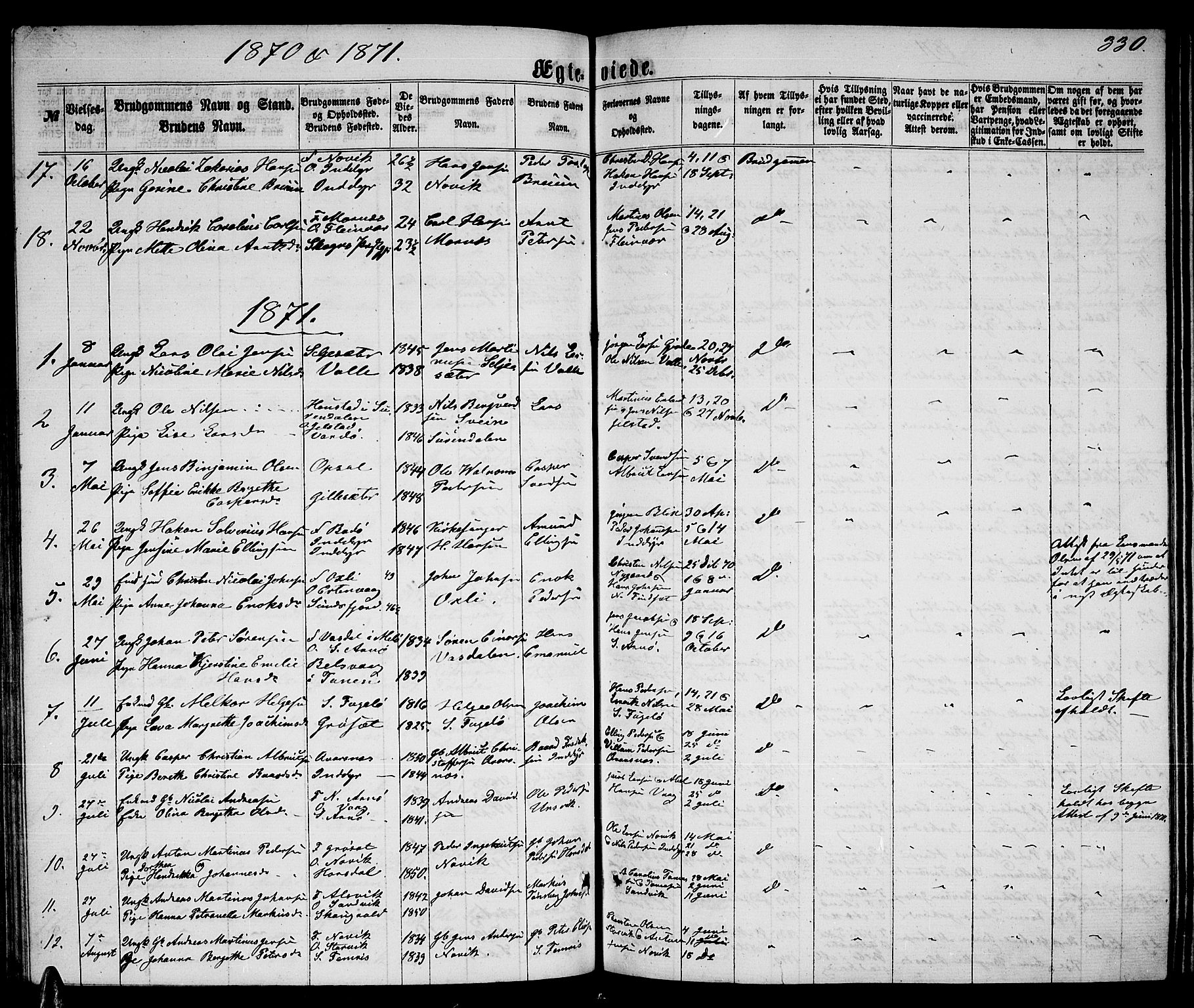 Ministerialprotokoller, klokkerbøker og fødselsregistre - Nordland, AV/SAT-A-1459/805/L0107: Parish register (copy) no. 805C03, 1862-1885, p. 330