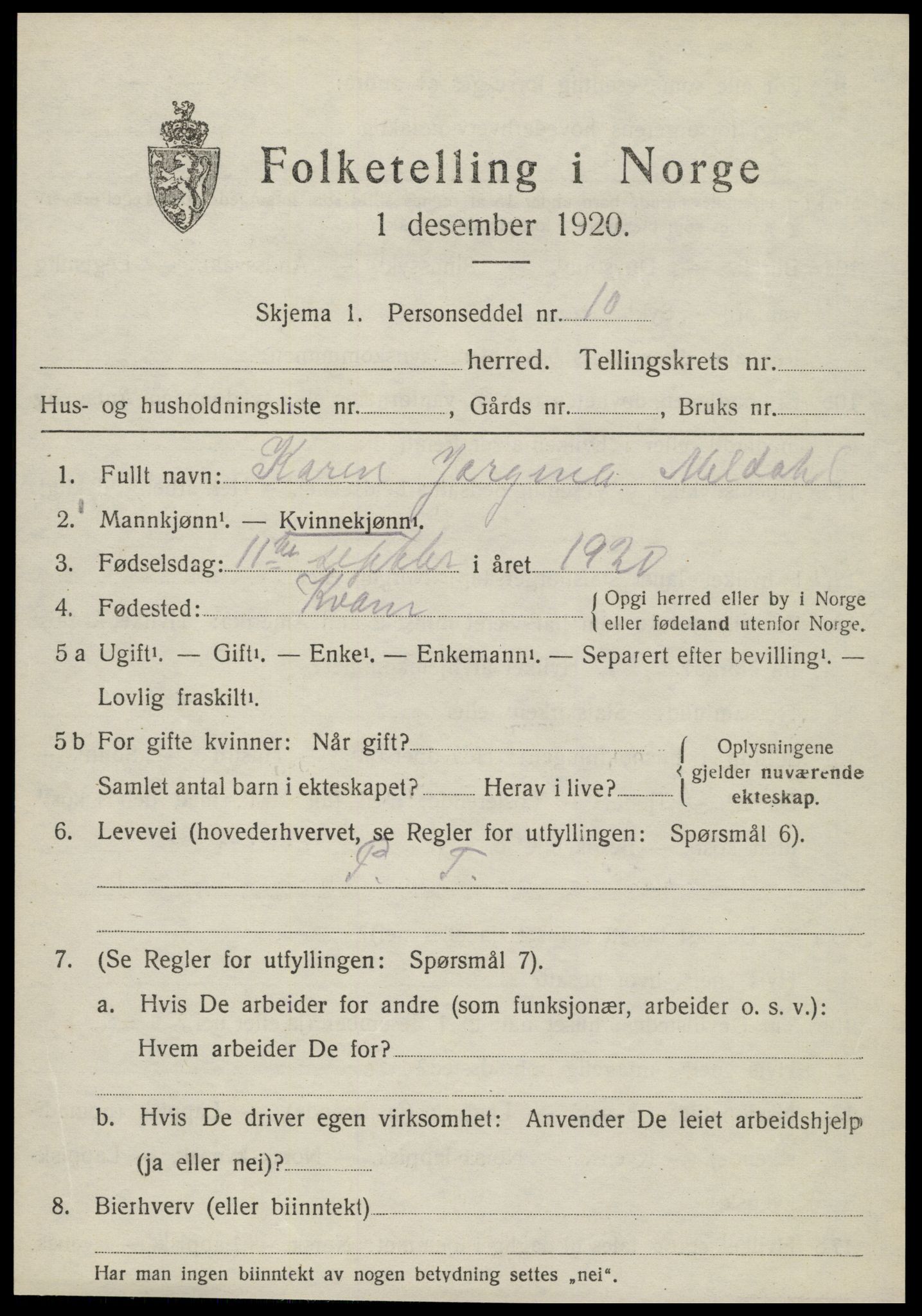 SAT, 1920 census for Kvam, 1920, p. 1789