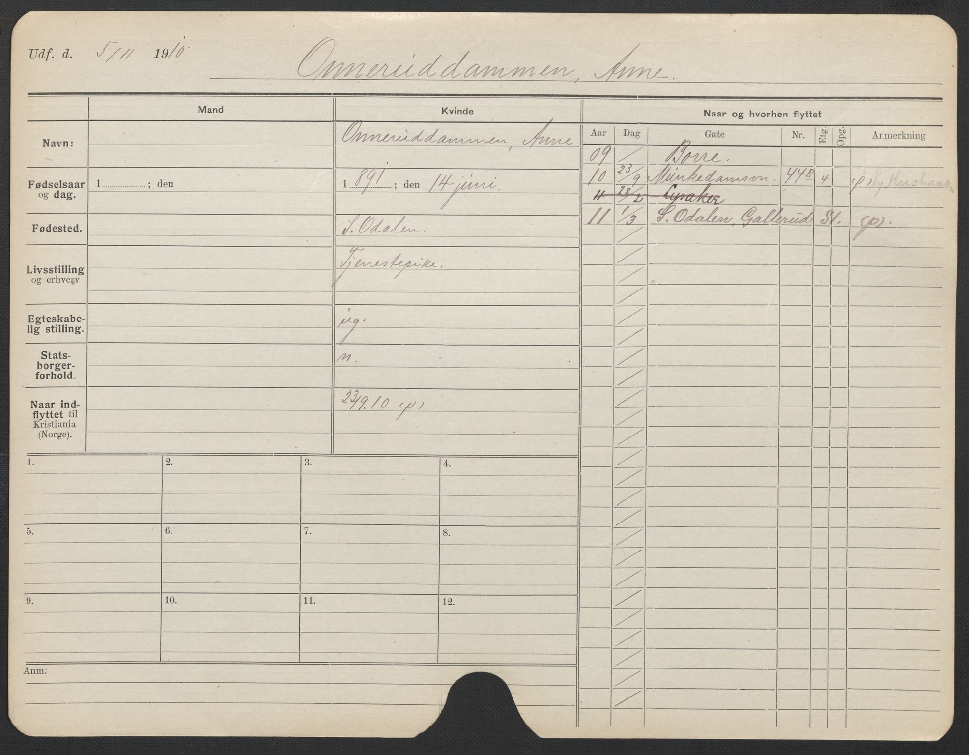 Oslo folkeregister, Registerkort, AV/SAO-A-11715/F/Fa/Fac/L0022: Kvinner, 1906-1914, p. 409a