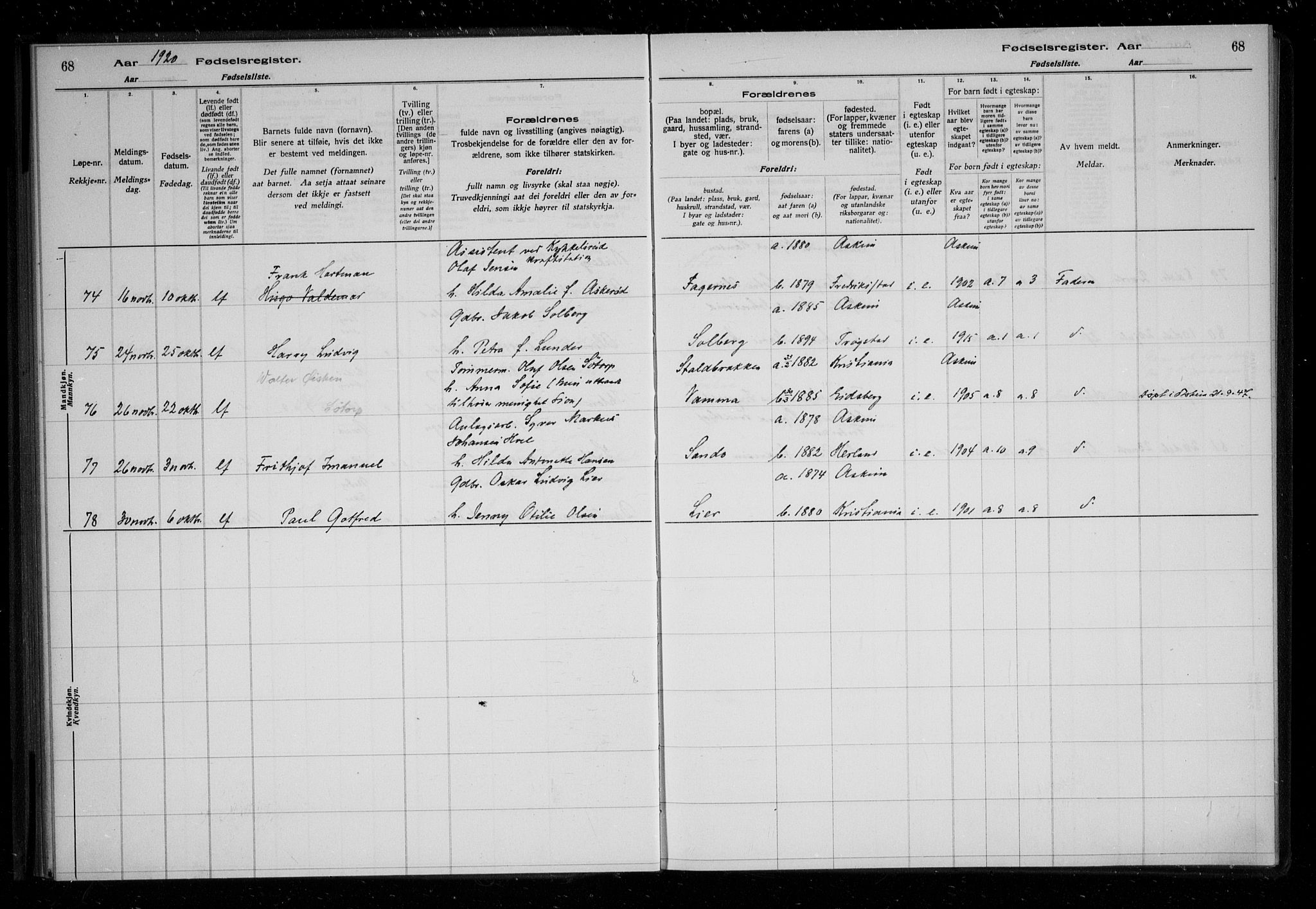 Askim prestekontor Kirkebøker, AV/SAO-A-10900/J/Ja/L0001: Birth register no. 1, 1916-1929, p. 68