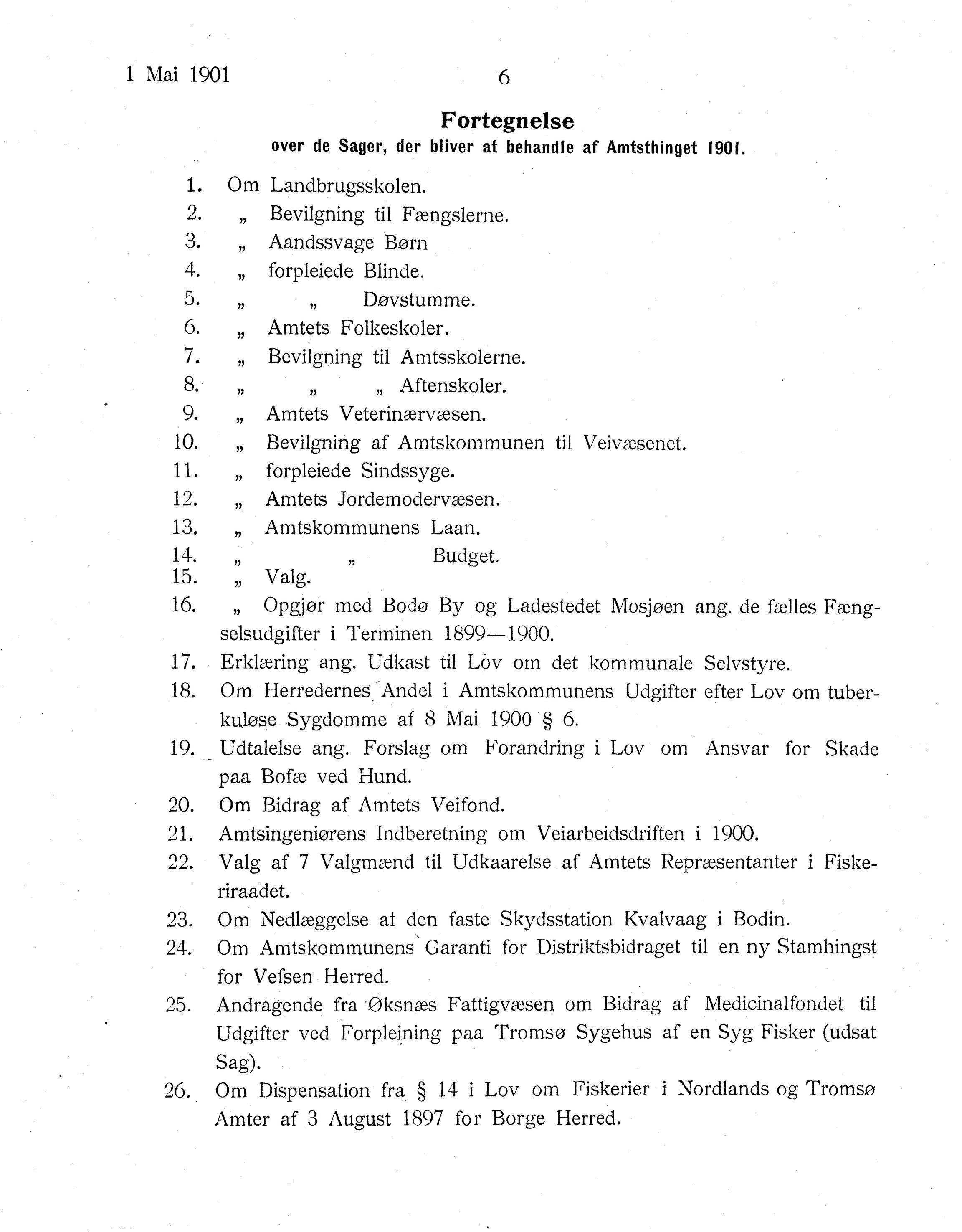 Nordland Fylkeskommune. Fylkestinget, AIN/NFK-17/176/A/Ac/L0024: Fylkestingsforhandlinger 1901, 1901, p. 6