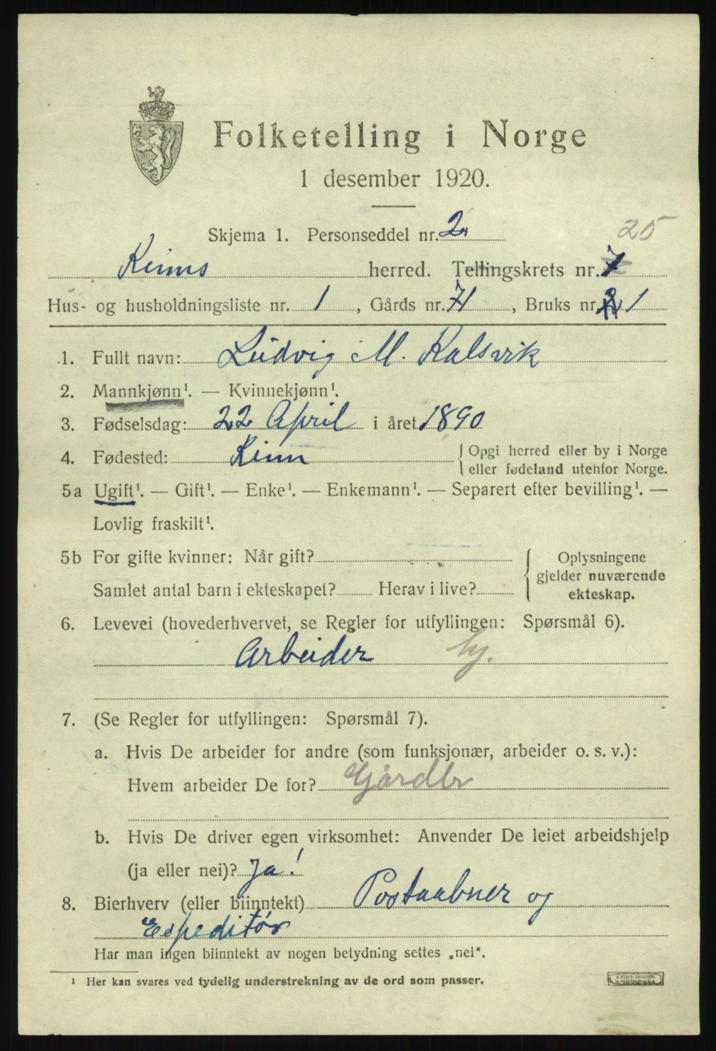 SAB, 1920 census for Kinn, 1920, p. 8707