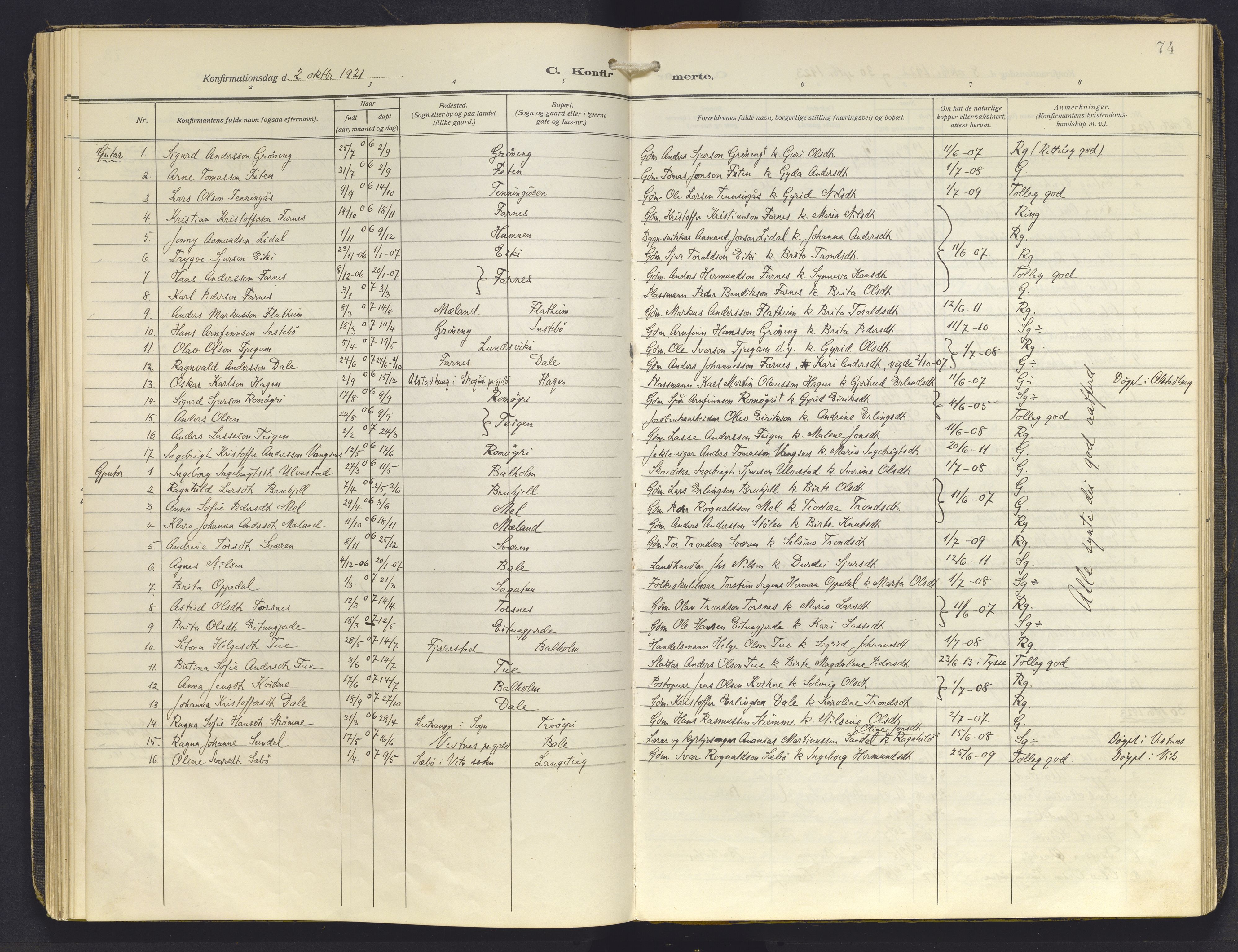 Balestrand sokneprestembete, AV/SAB-A-79601/H/Haa/Haab/L0002: Parish register (official) no. B 2, 1911-1932, p. 74