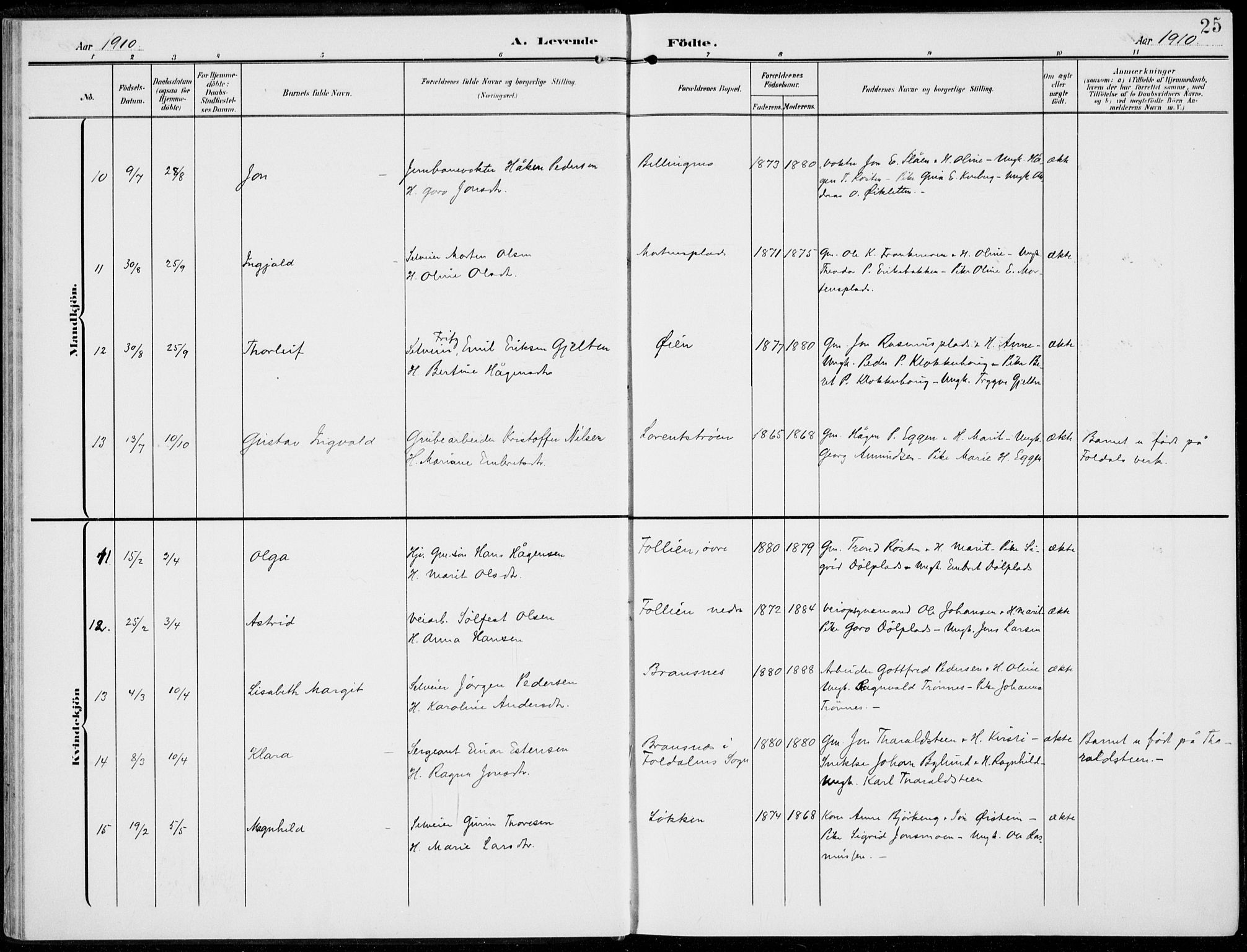 Alvdal prestekontor, AV/SAH-PREST-060/H/Ha/Haa/L0004: Parish register (official) no. 4, 1907-1919, p. 25