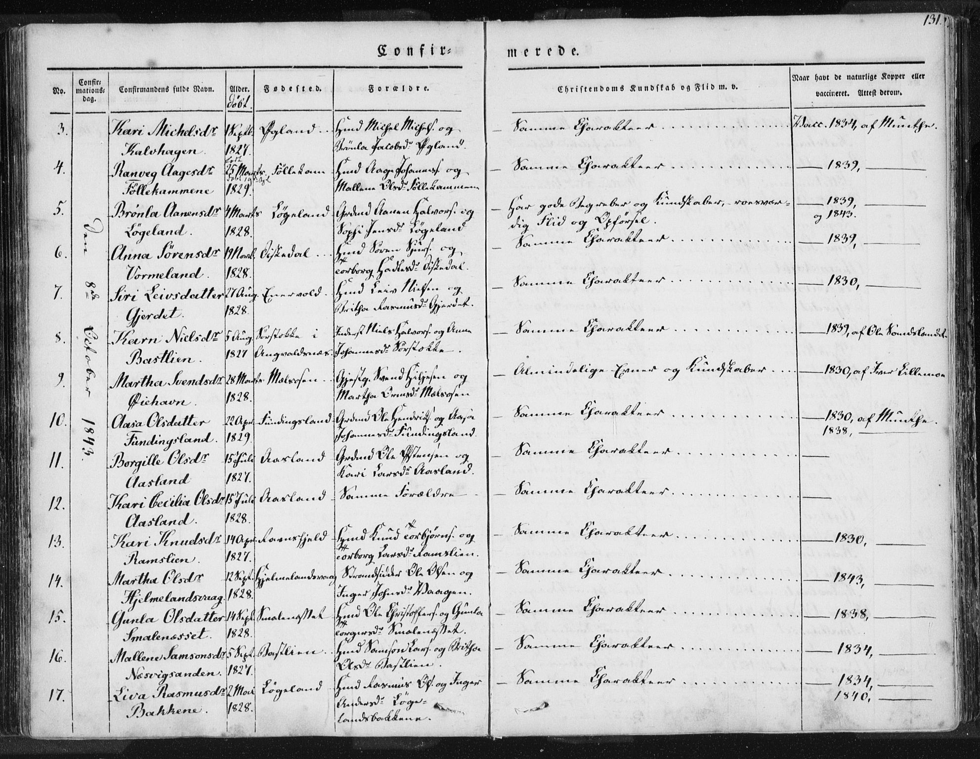 Hjelmeland sokneprestkontor, SAST/A-101843/01/IV/L0006: Parish register (official) no. A 6, 1834-1845, p. 131