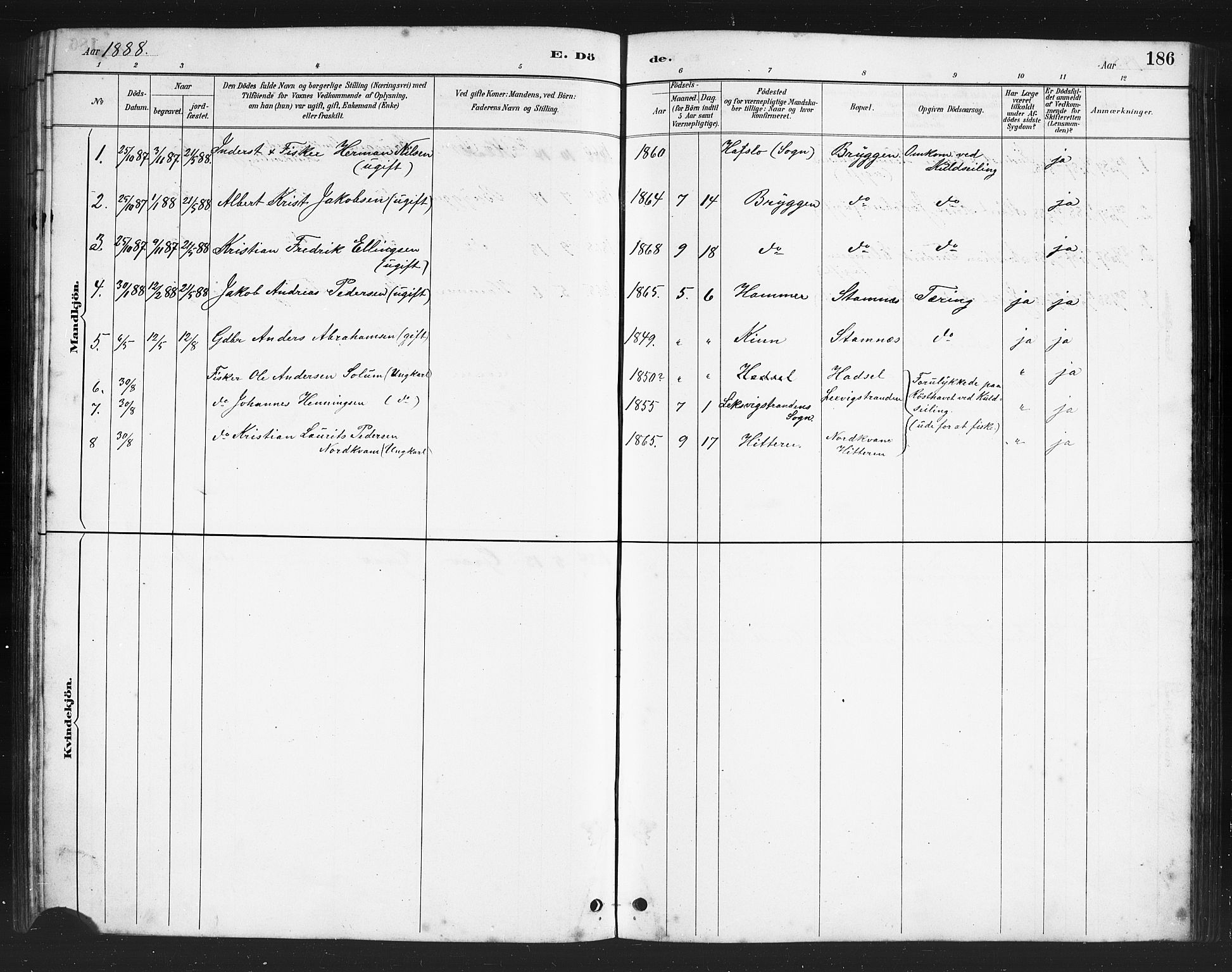 Ministerialprotokoller, klokkerbøker og fødselsregistre - Nordland, AV/SAT-A-1459/808/L0131: Parish register (copy) no. 808C02, 1879-1919, p. 186