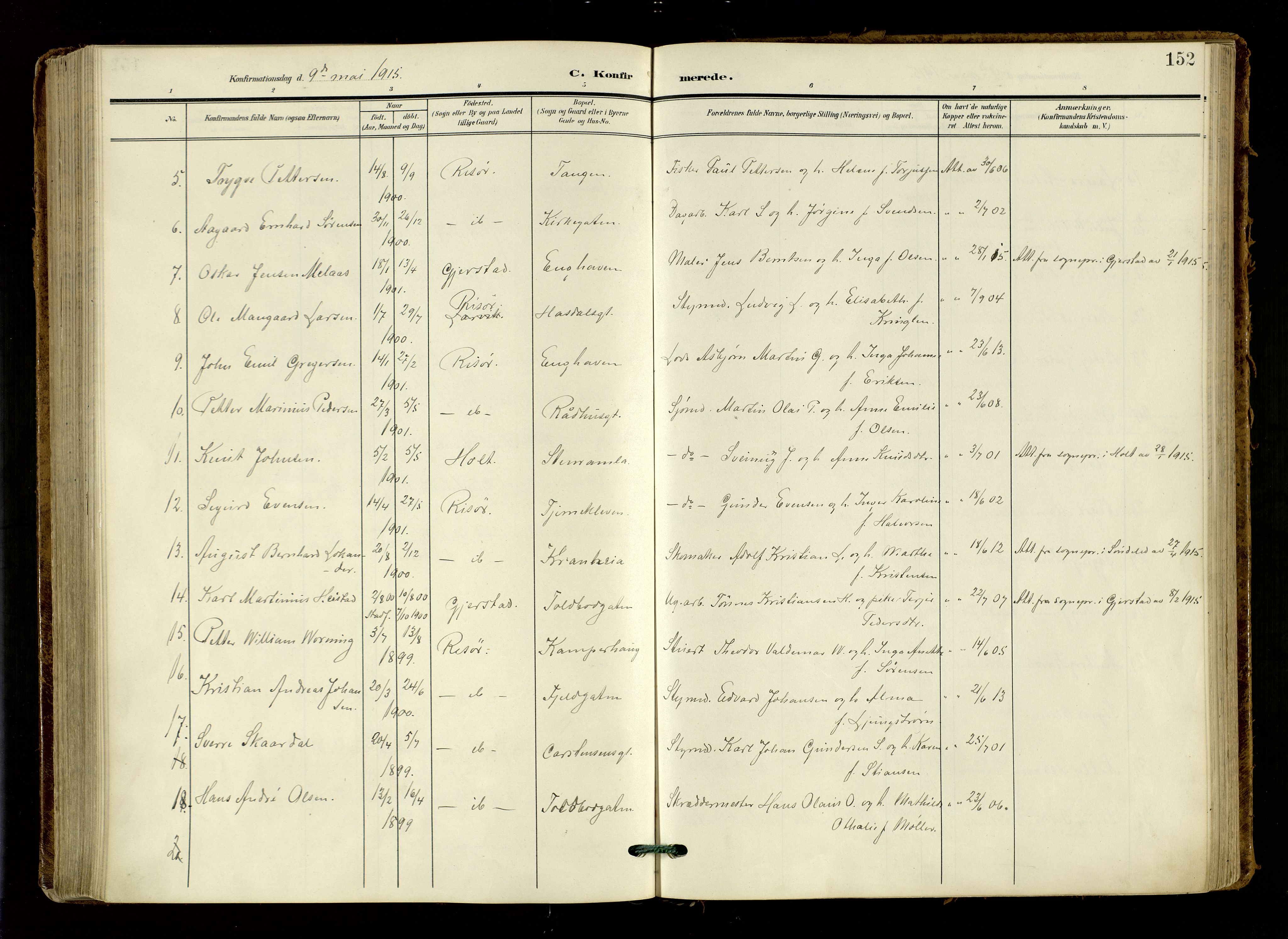 Risør sokneprestkontor, SAK/1111-0035/F/Fa/L0011: Parish register (official) no. A 11, 1907-1920, p. 152