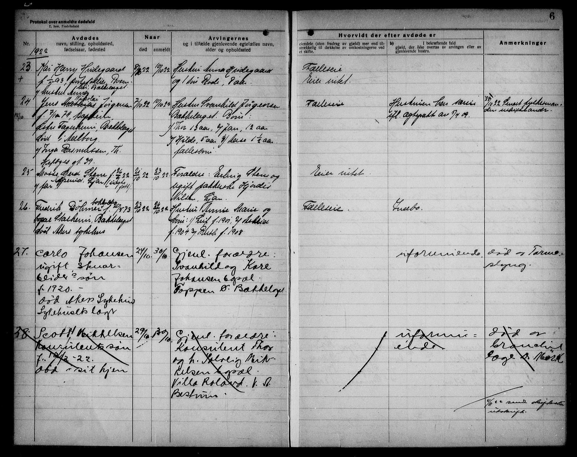 Aker kriminaldommer, skifte- og auksjonsforvalterembete, AV/SAO-A-10452/H/Hb/Hba/Hbad/L0001: Dødsfallsprotokoll for Nordstrand, 1922-1929, p. 6
