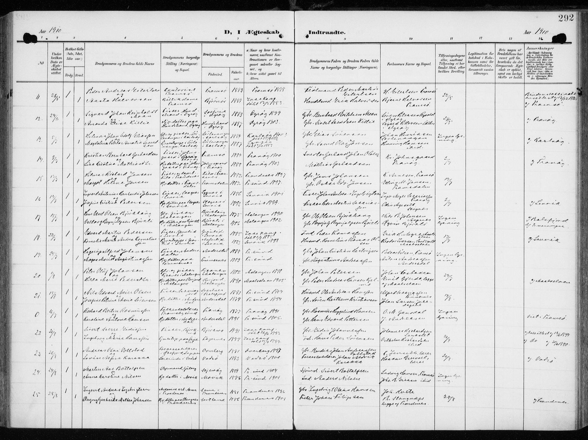 Tromsøysund sokneprestkontor, SATØ/S-1304/G/Ga/L0007kirke: Parish register (official) no. 7, 1907-1914, p. 292