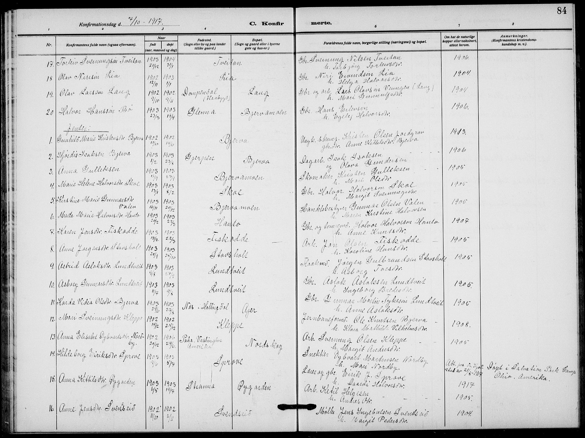 Lunde kirkebøker, AV/SAKO-A-282/F/Fa/L0005: Parish register (official) no. I 5, 1914-1922, p. 84