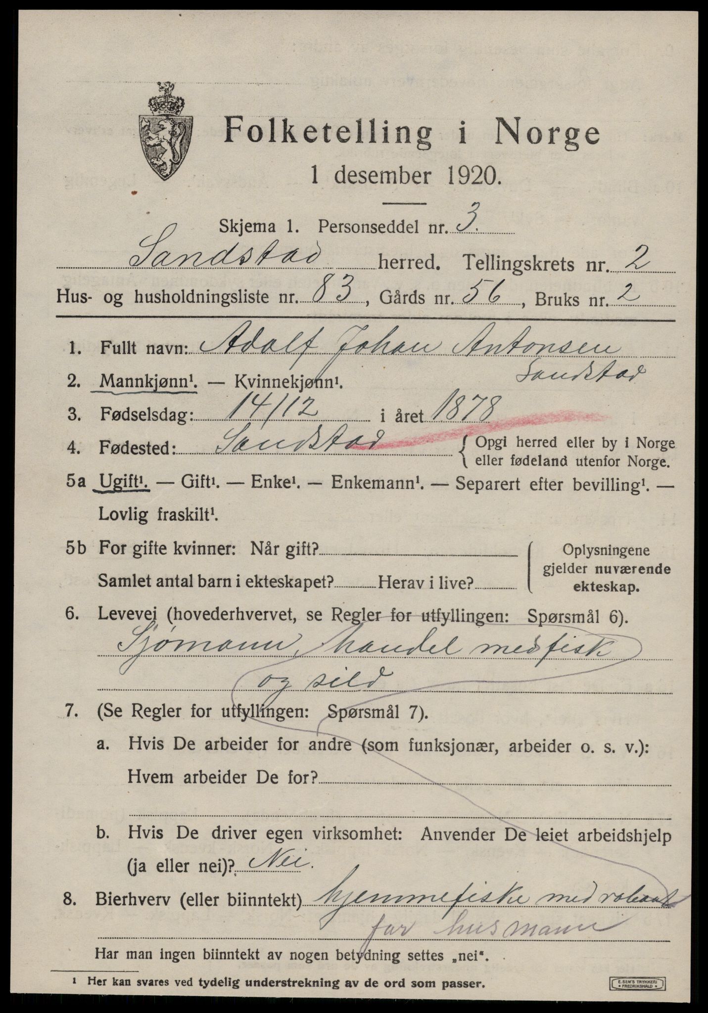 SAT, 1920 census for Sandstad, 1920, p. 1613