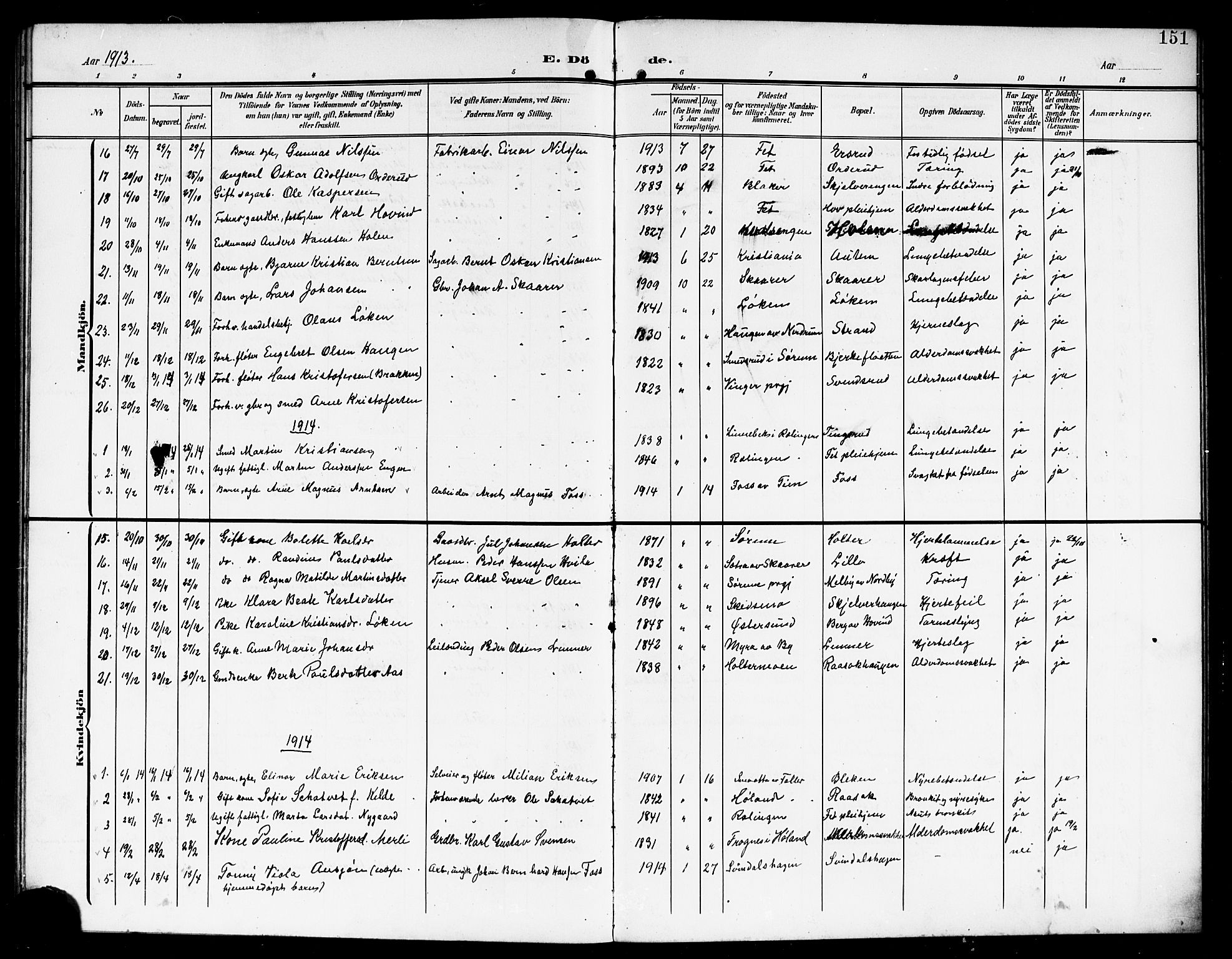 Fet prestekontor Kirkebøker, SAO/A-10370a/G/Ga/L0008: Parish register (copy) no. I 8, 1907-1920, p. 151