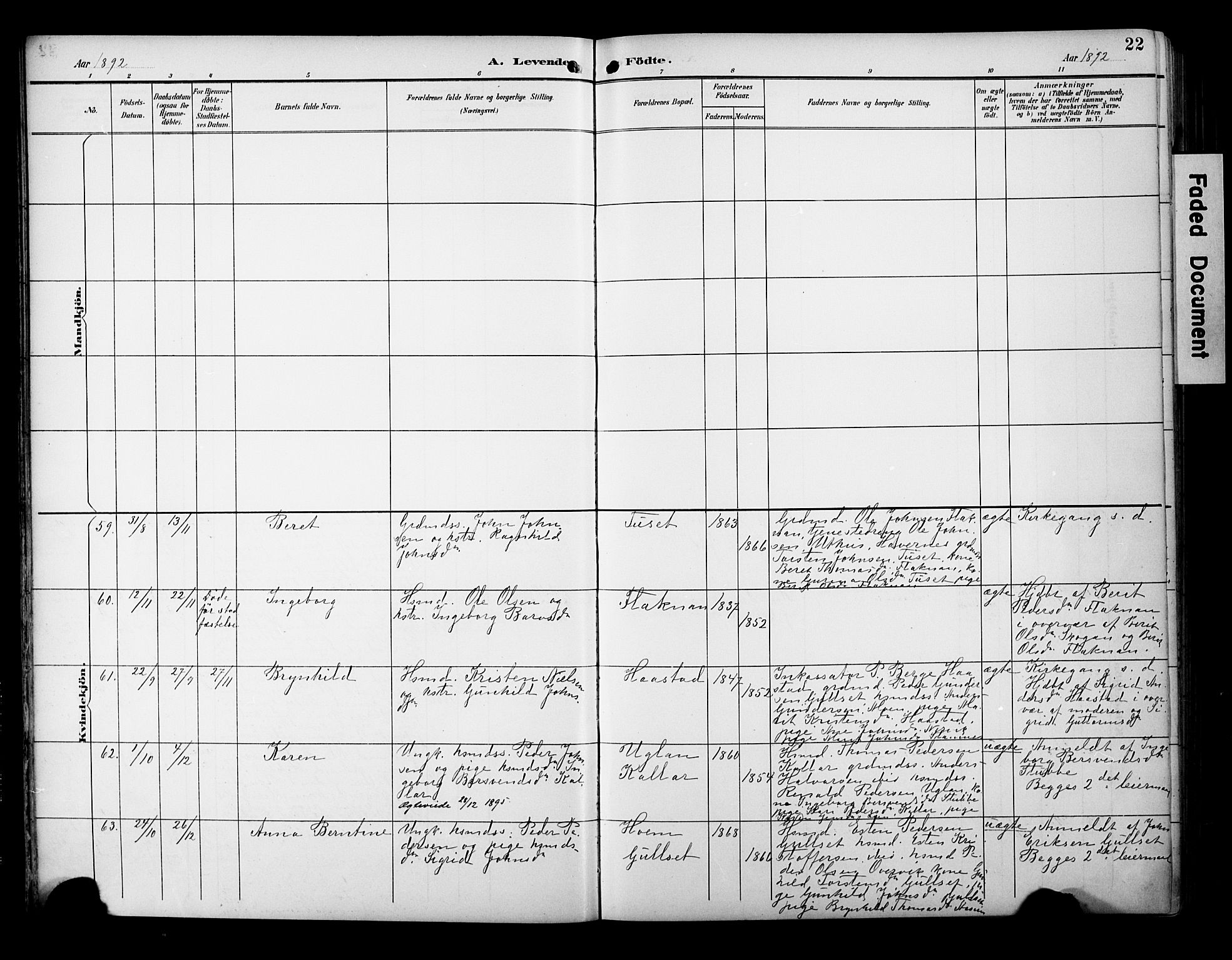 Ministerialprotokoller, klokkerbøker og fødselsregistre - Sør-Trøndelag, AV/SAT-A-1456/695/L1149: Parish register (official) no. 695A09, 1891-1902, p. 22