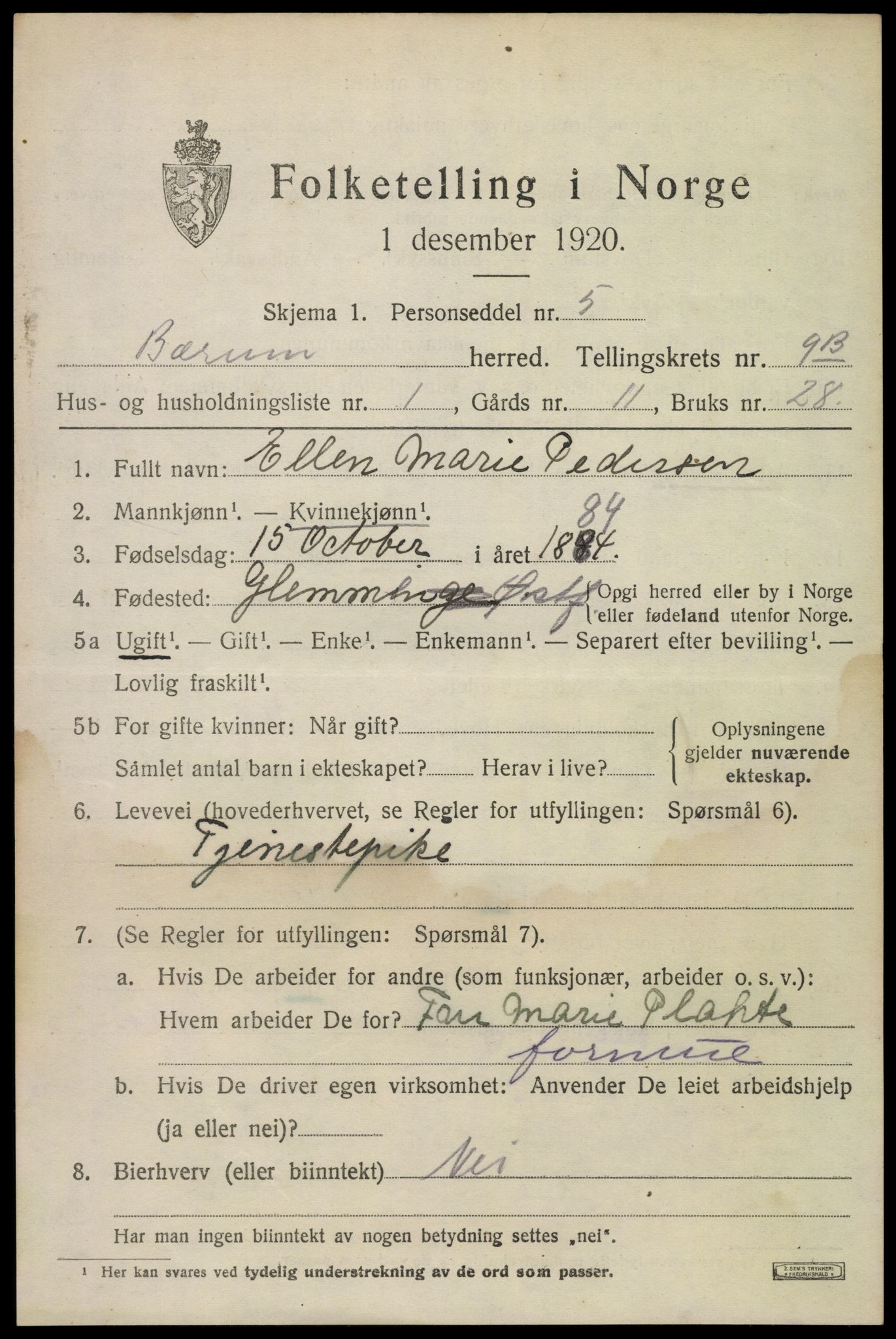 SAO, 1920 census for Bærum, 1920, p. 20386