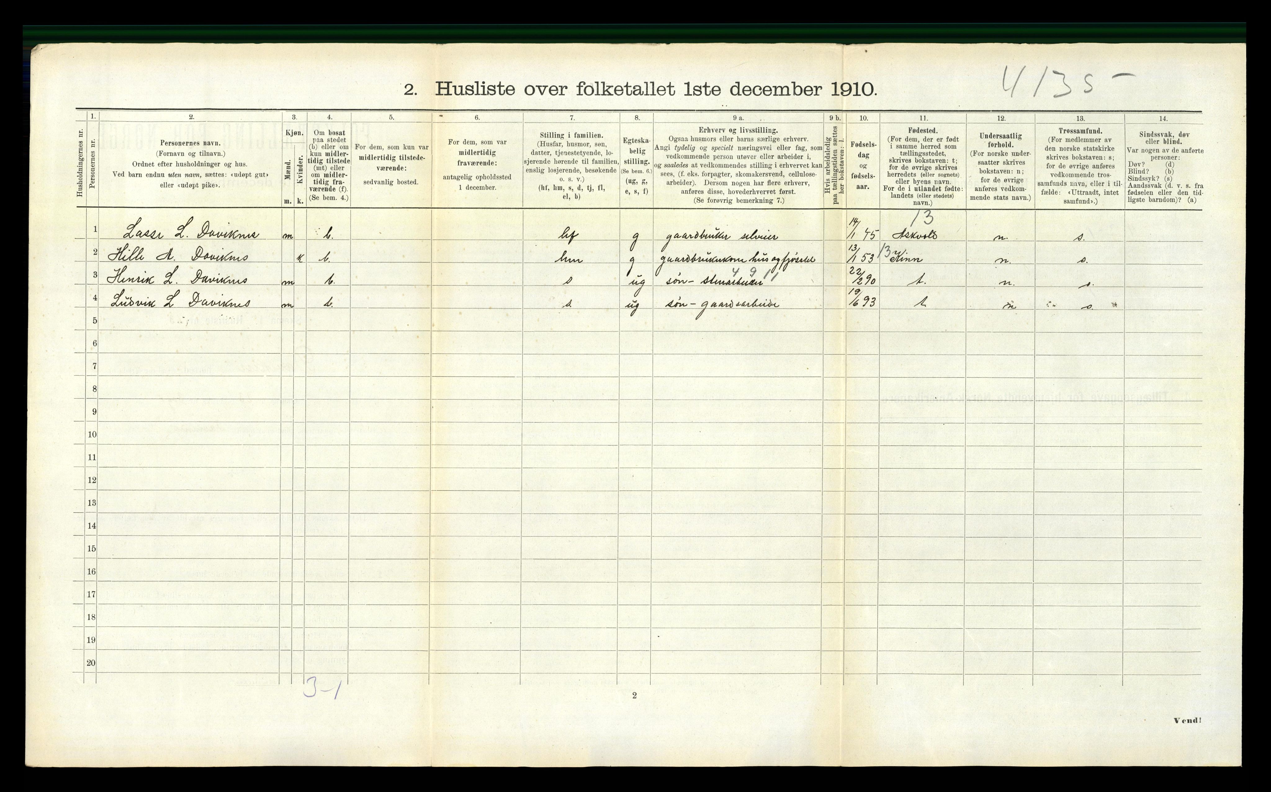 RA, 1910 census for Davik, 1910, p. 289