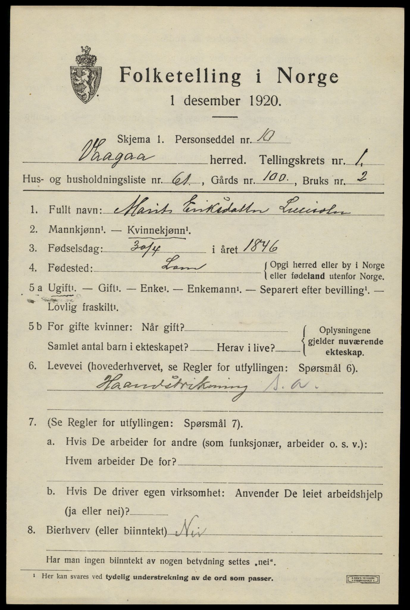 SAH, 1920 census for Vågå, 1920, p. 1998