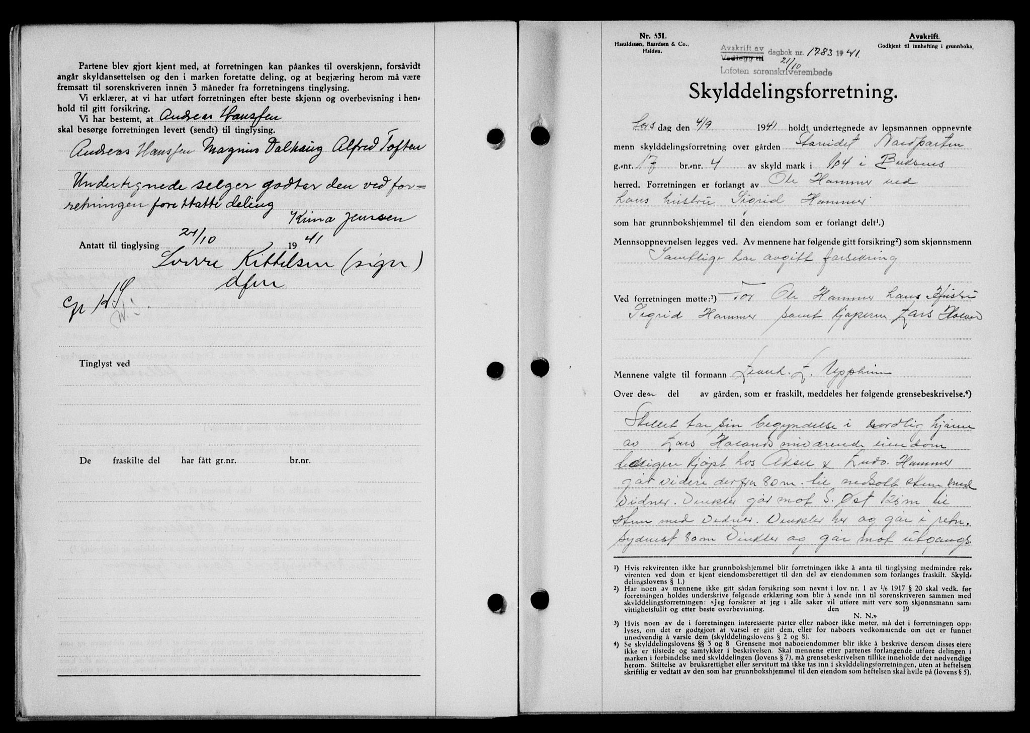 Lofoten sorenskriveri, SAT/A-0017/1/2/2C/L0009a: Mortgage book no. 9a, 1941-1942, Diary no: : 1783/1941
