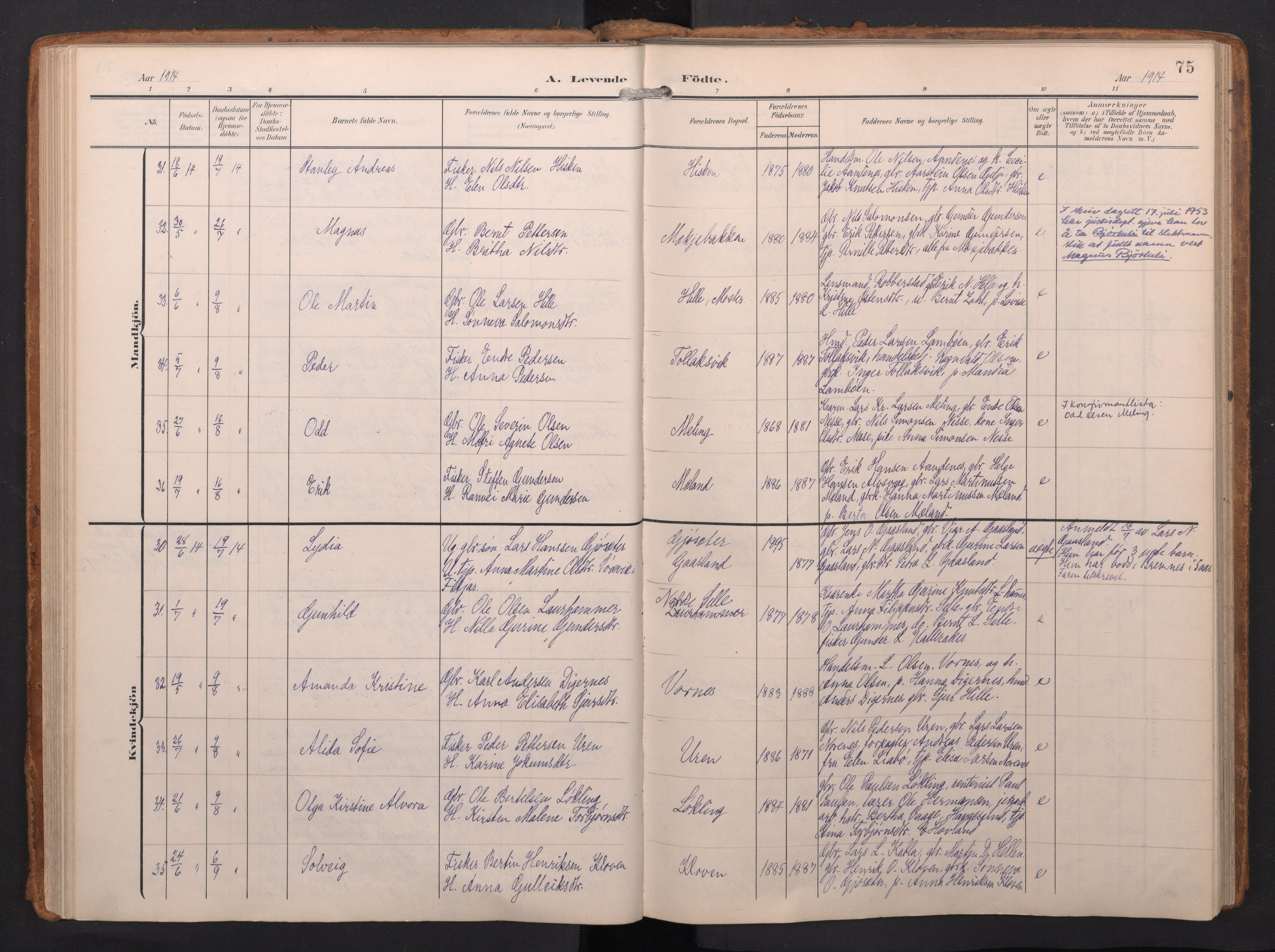 Finnås sokneprestembete, AV/SAB-A-99925/H/Ha/Haa/Haac/L0003: Parish register (official) no. C 3, 1905-1917, p. 75