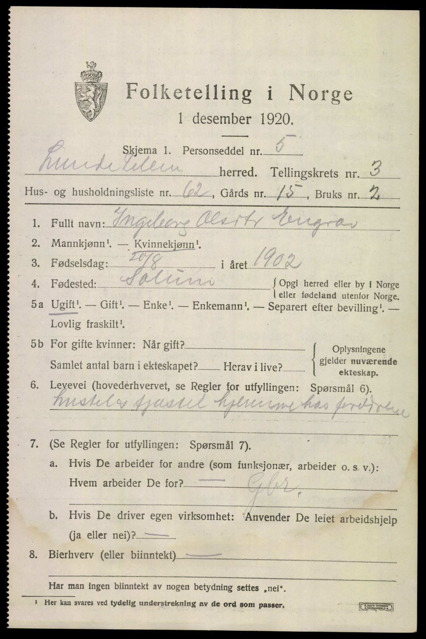 SAKO, 1920 census for Lunde, 1920, p. 2985