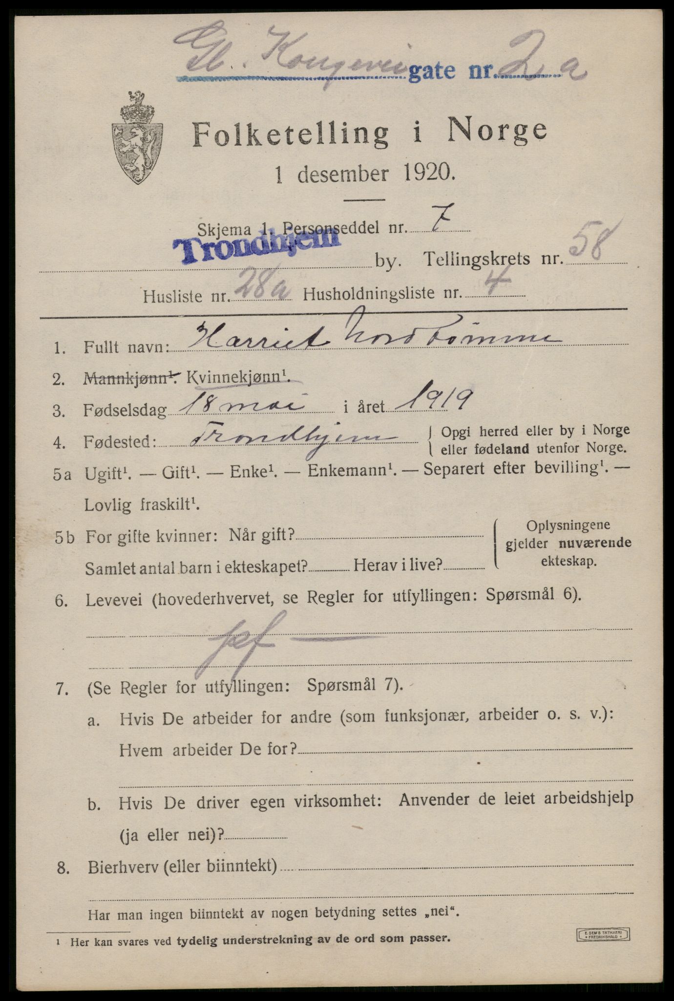 SAT, 1920 census for Trondheim, 1920, p. 118274