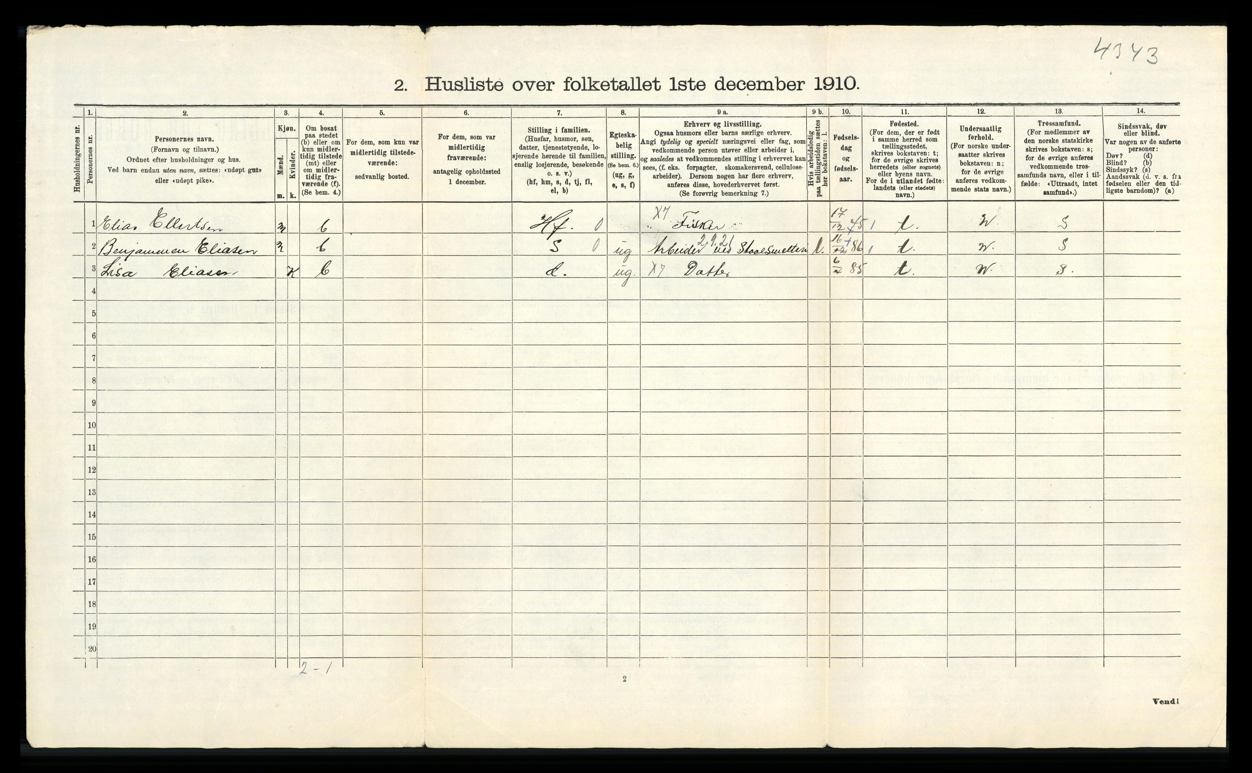 RA, 1910 census for Sokndal, 1910, p. 45