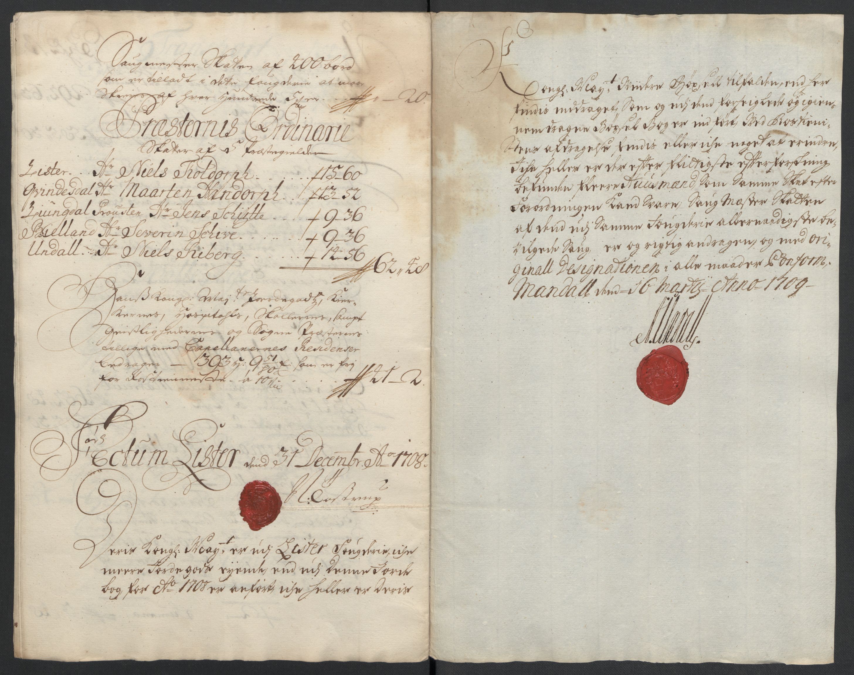 Rentekammeret inntil 1814, Reviderte regnskaper, Fogderegnskap, RA/EA-4092/R43/L2552: Fogderegnskap Lista og Mandal, 1705-1709, p. 29