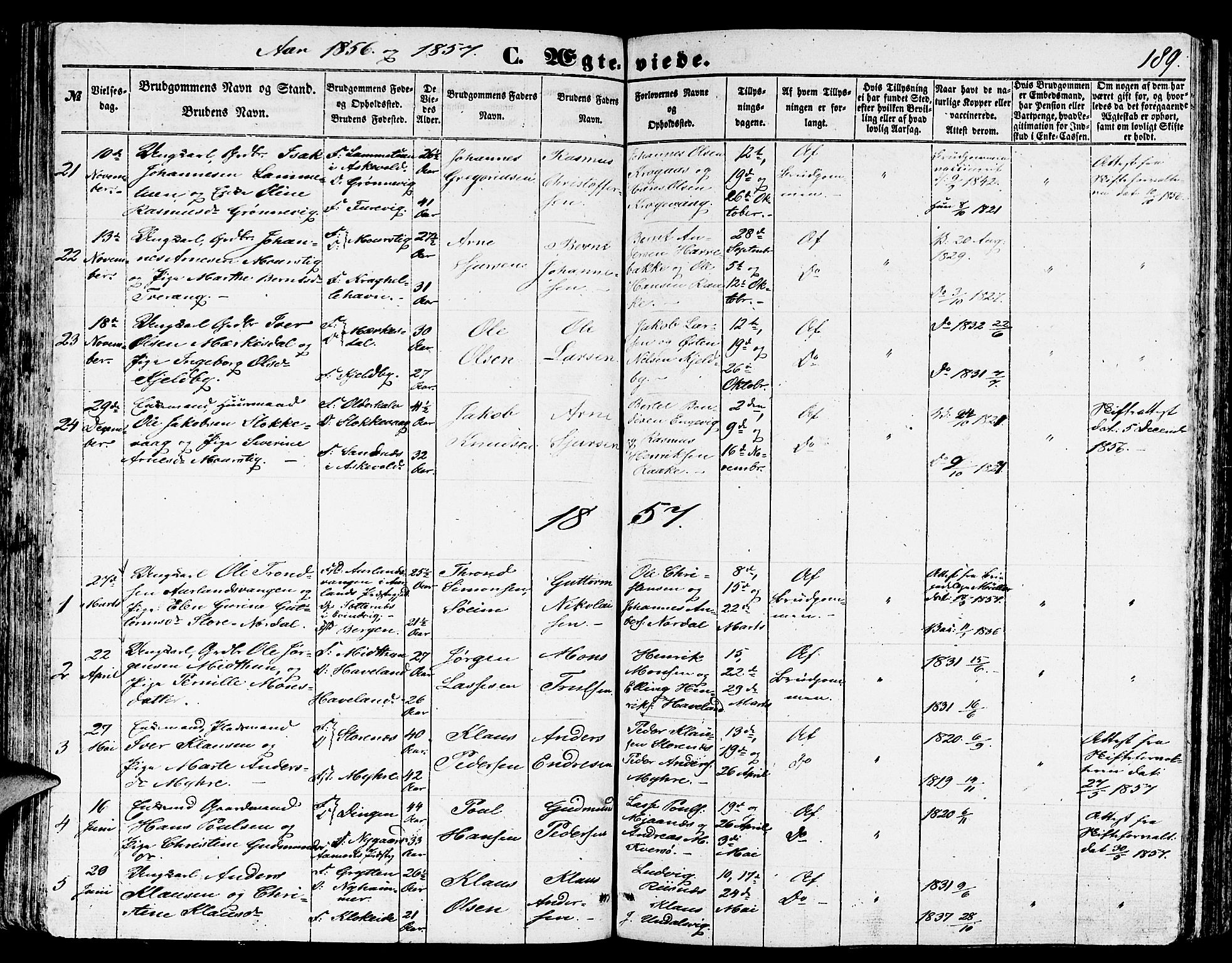 Gulen sokneprestembete, AV/SAB-A-80201/H/Hab/Habb/L0001: Parish register (copy) no. B 1, 1854-1866, p. 189