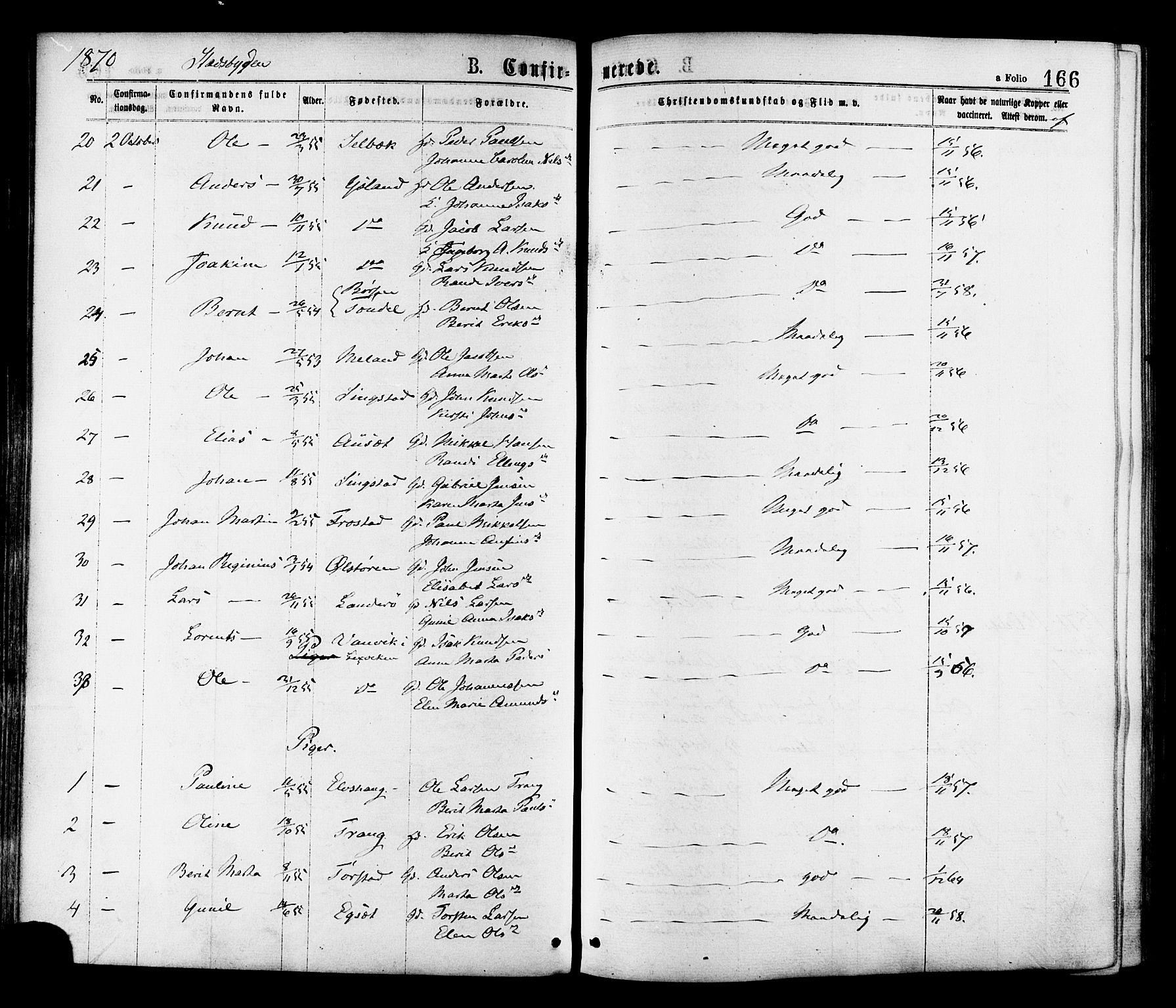 Ministerialprotokoller, klokkerbøker og fødselsregistre - Sør-Trøndelag, SAT/A-1456/646/L0613: Parish register (official) no. 646A11, 1870-1884, p. 166