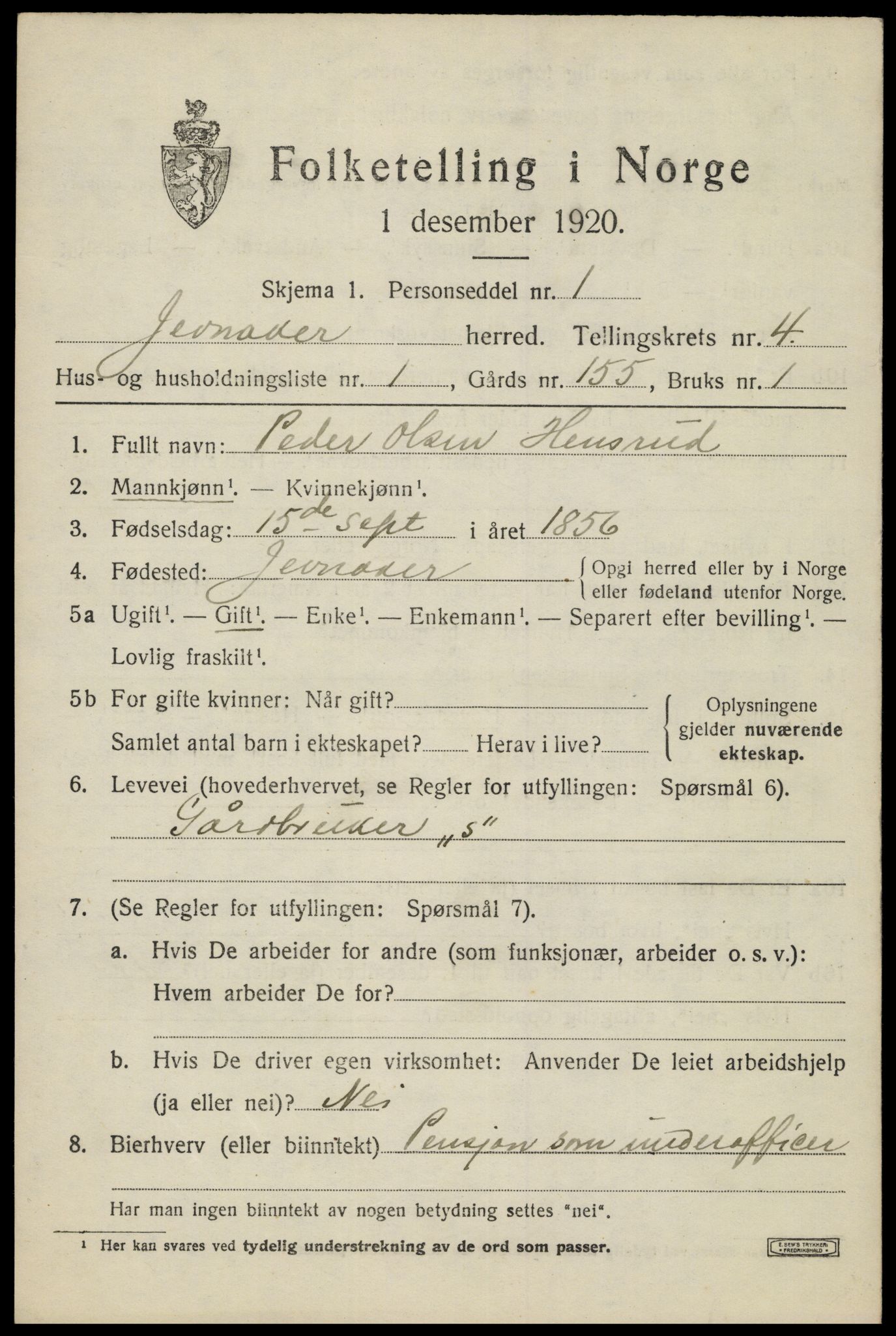 SAH, 1920 census for Jevnaker, 1920, p. 6387