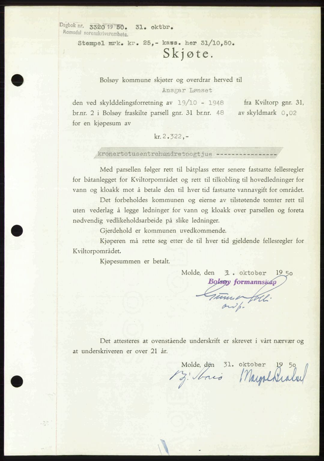 Romsdal sorenskriveri, AV/SAT-A-4149/1/2/2C: Mortgage book no. A34, 1950-1950, Diary no: : 3320/1950