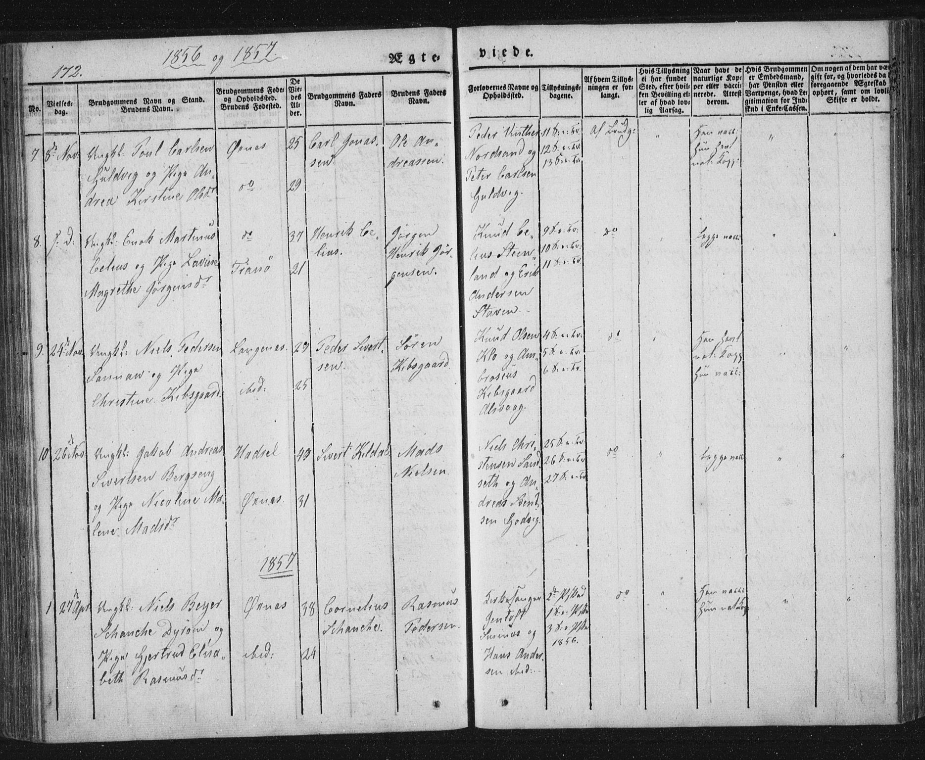 Ministerialprotokoller, klokkerbøker og fødselsregistre - Nordland, SAT/A-1459/893/L1332: Parish register (official) no. 893A05, 1841-1858, p. 172