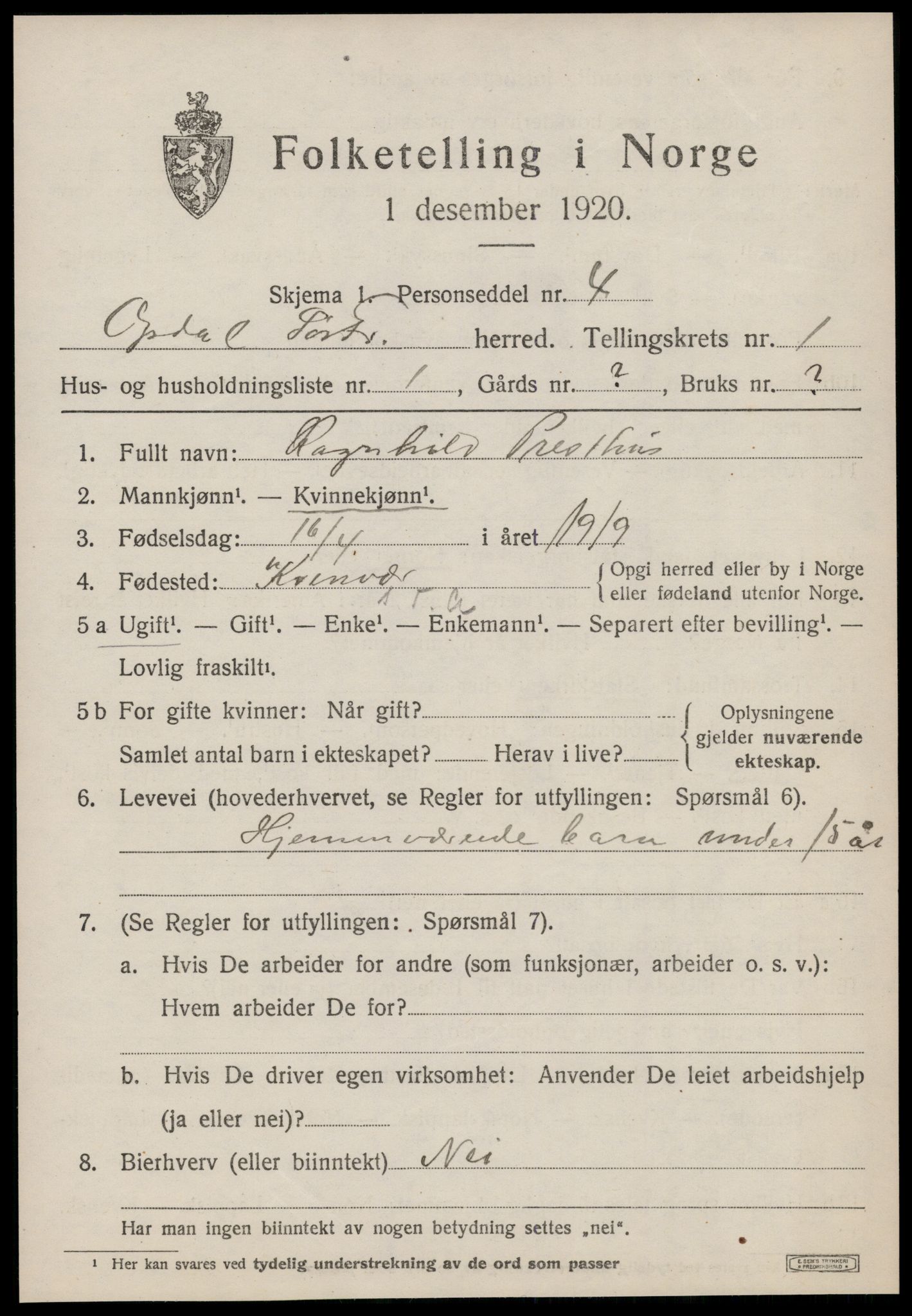 SAT, 1920 census for Oppdal, 1920, p. 1577