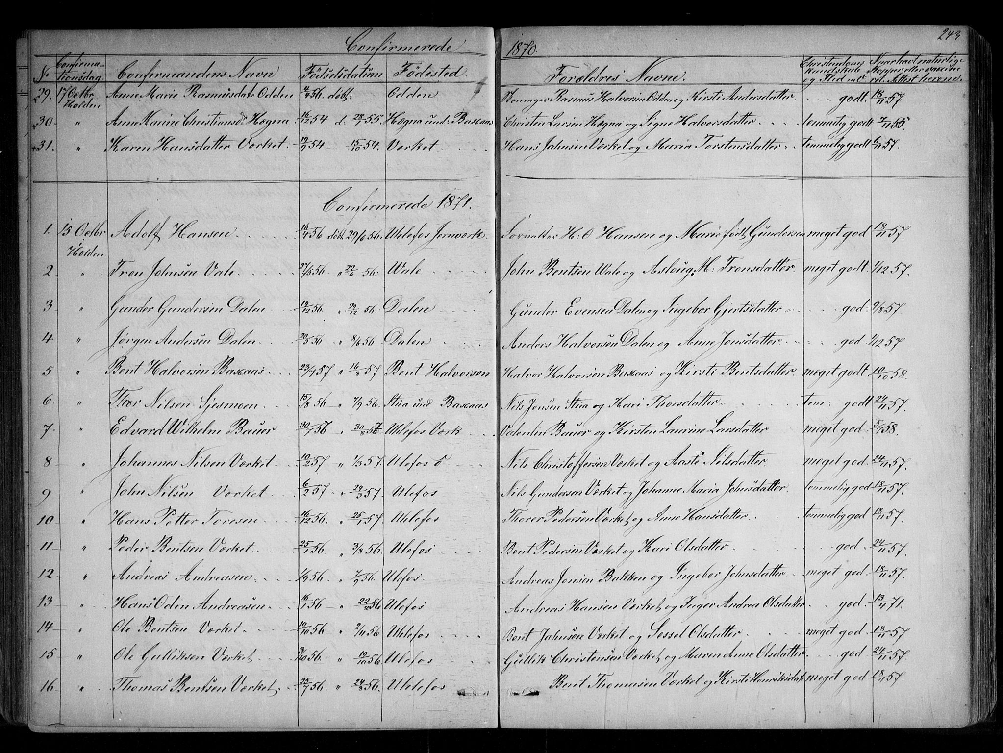 Holla kirkebøker, SAKO/A-272/G/Ga/L0004: Parish register (copy) no. I 4, 1867-1890, p. 243