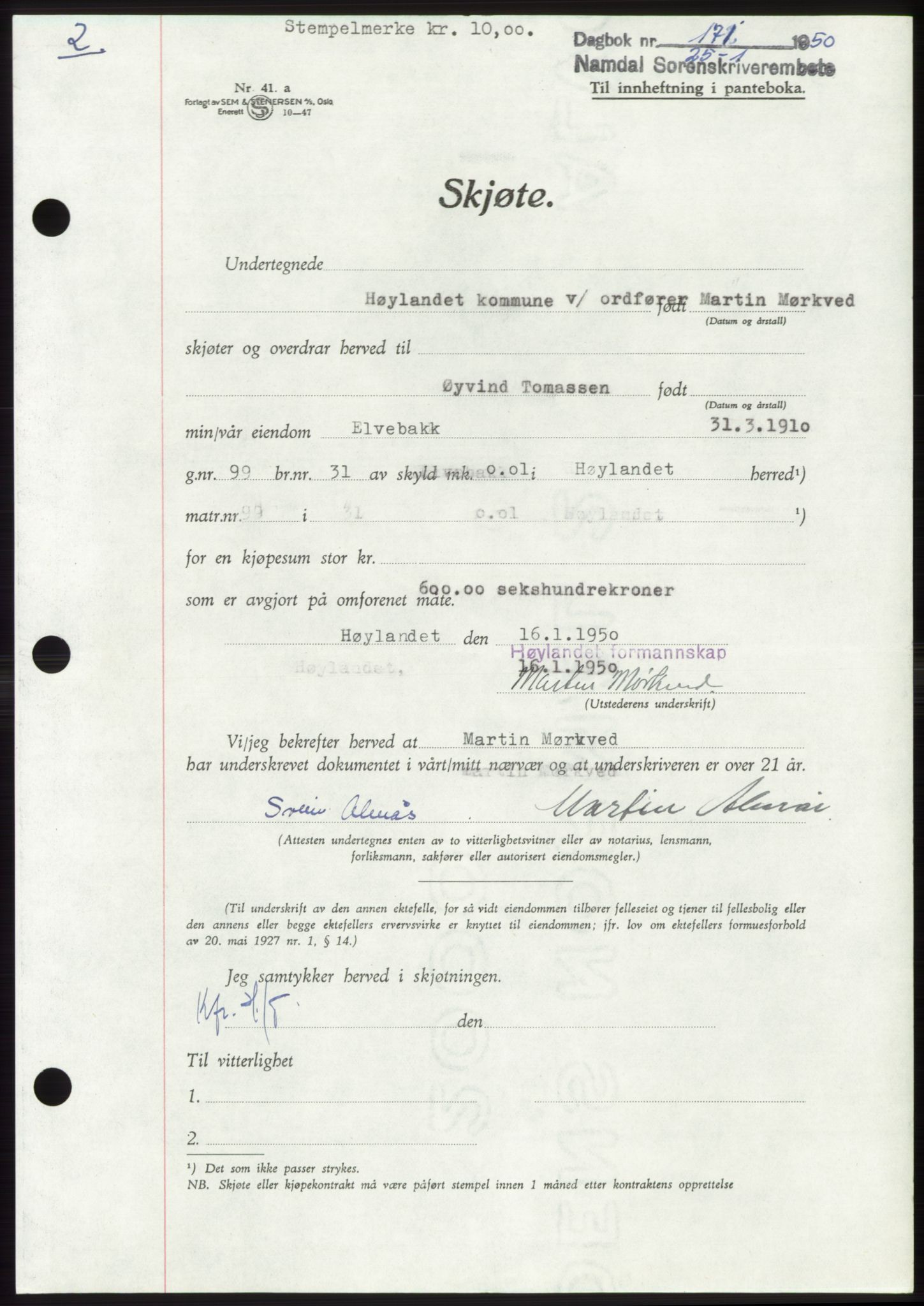 Namdal sorenskriveri, AV/SAT-A-4133/1/2/2C: Mortgage book no. -, 1950-1950, Diary no: : 171/1950