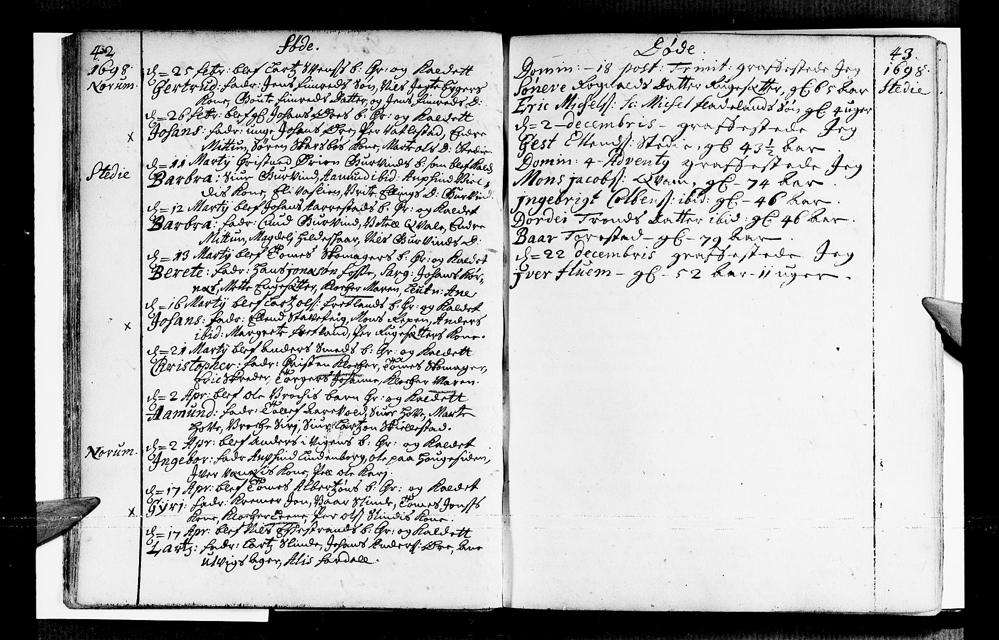 Sogndal sokneprestembete, SAB/A-81301/H/Haa/Haaa/L0001: Parish register (official) no. A 1, 1689-1713, p. 42-43