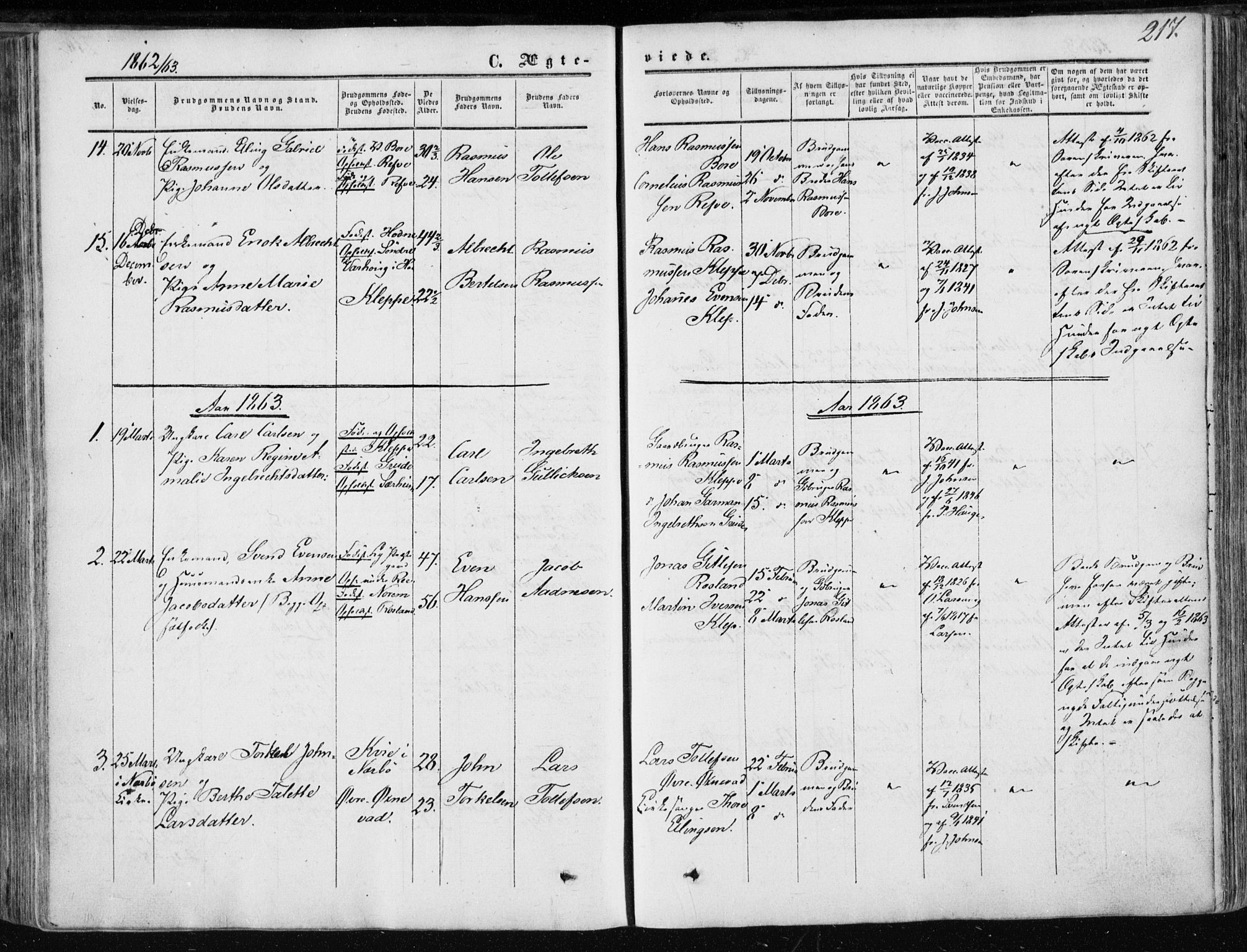 Klepp sokneprestkontor, SAST/A-101803/001/3/30BA/L0005: Parish register (official) no. A 5, 1853-1870, p. 217