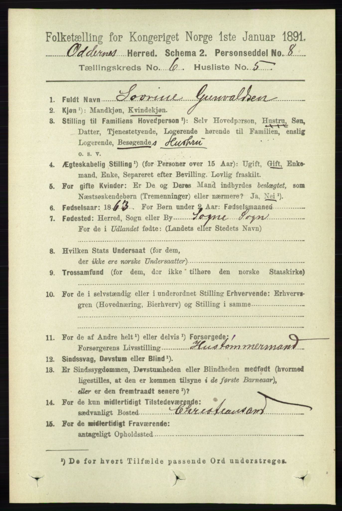 RA, 1891 census for 1012 Oddernes, 1891, p. 2219
