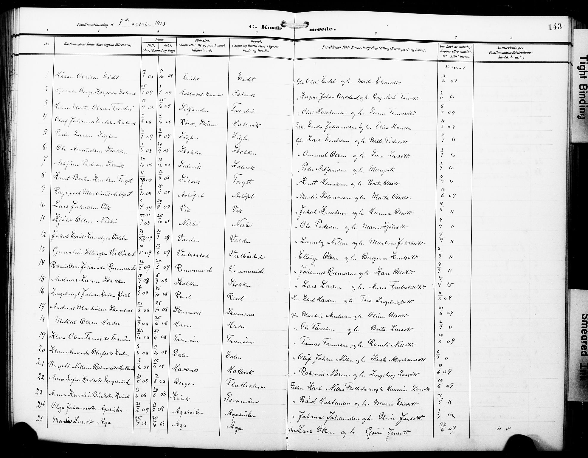 Fitjar sokneprestembete, SAB/A-99926: Parish register (copy) no. B 1, 1906-1928, p. 143