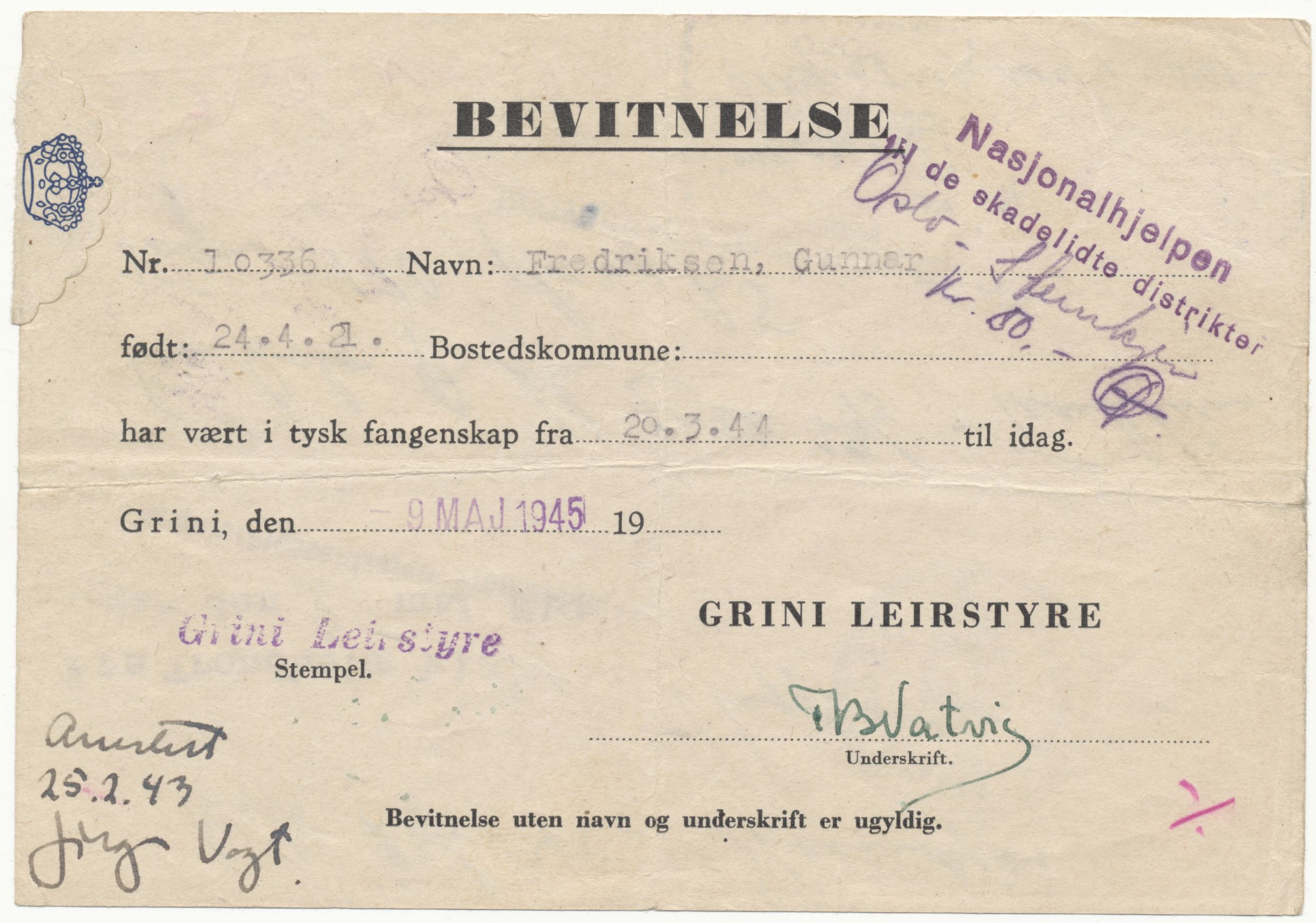 Falstadsenteret, dokumentsamling, FSM/A-001/F/L0494: Fredriksen, Ragna (1922) og Gunnar (1921), 1944-1945
